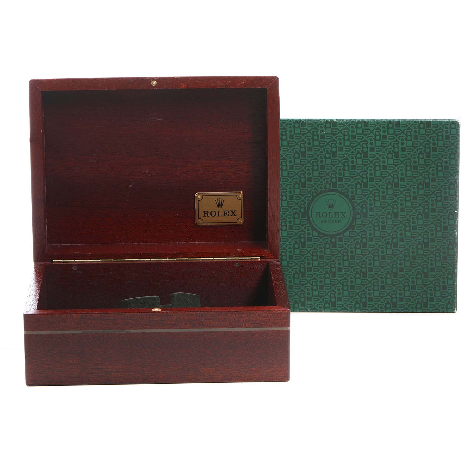 The image shows an open wooden box and a green box for the Rolex President 82028 Men's Yellow Gold Champagne Dial model, featuring branding elements.