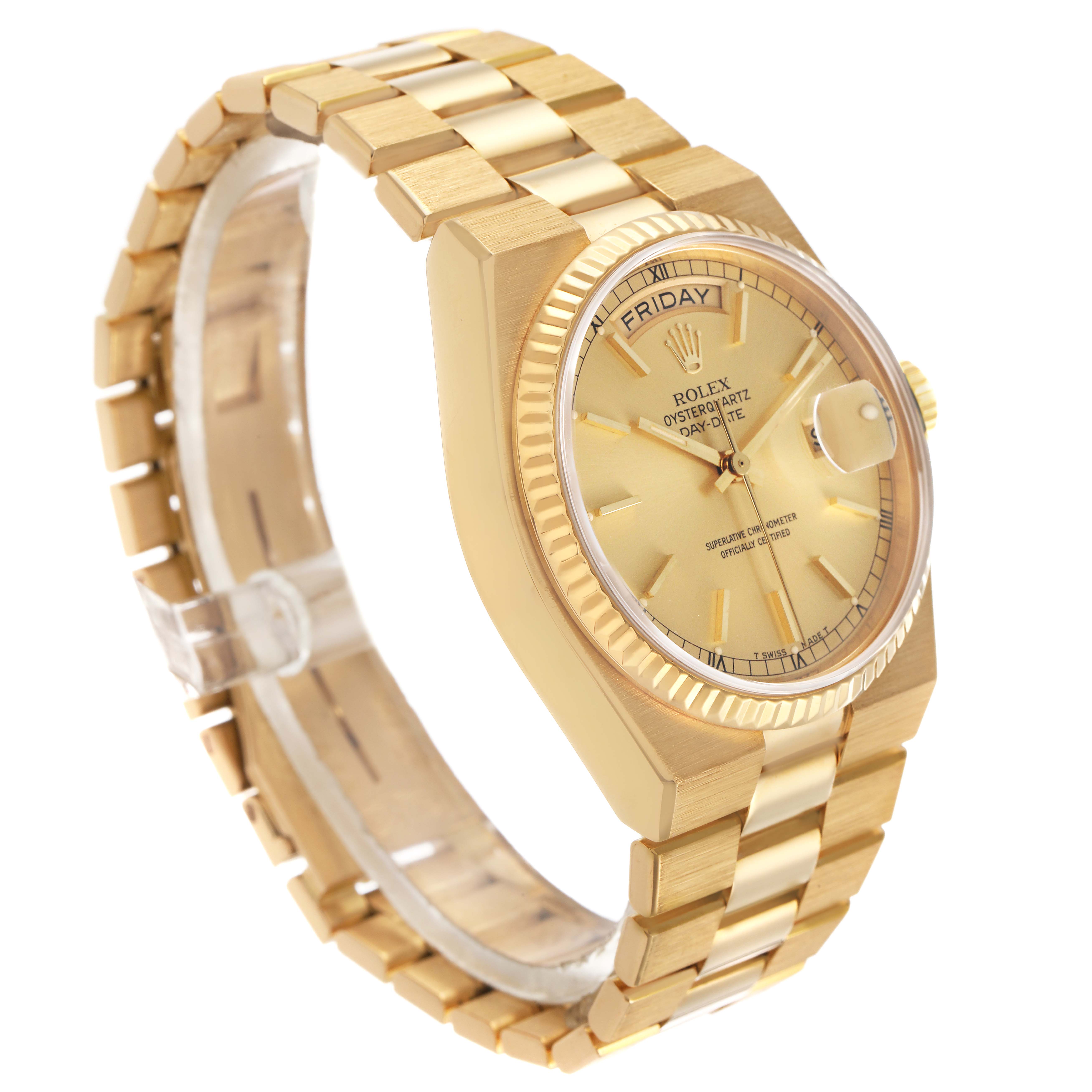The Rolex President 82028 Men's Yellow Gold Champagne Dial model is shown at a three-quarter angle, highlighting the face, bezel, and full bracelet.