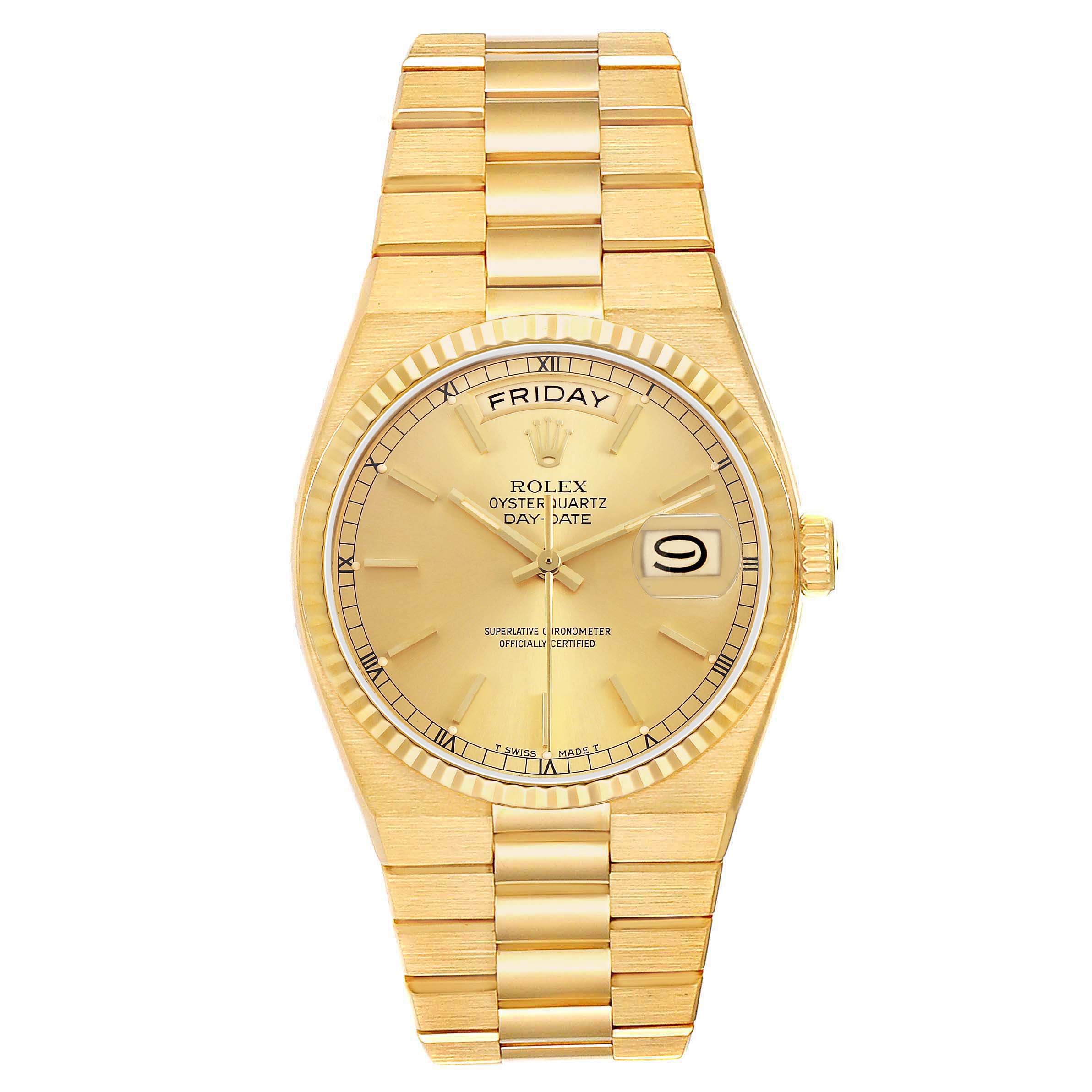 The Rolex President 82028 Men's Yellow Gold Champagne Dial model is shown from a top view, highlighting the dial, day-date display, bezel, and full bracelet.