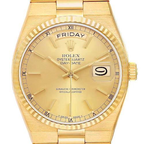 The Rolex President 82028 Men's Yellow Gold Champagne Dial model is shown from the front, highlighting the face, day, and date features.