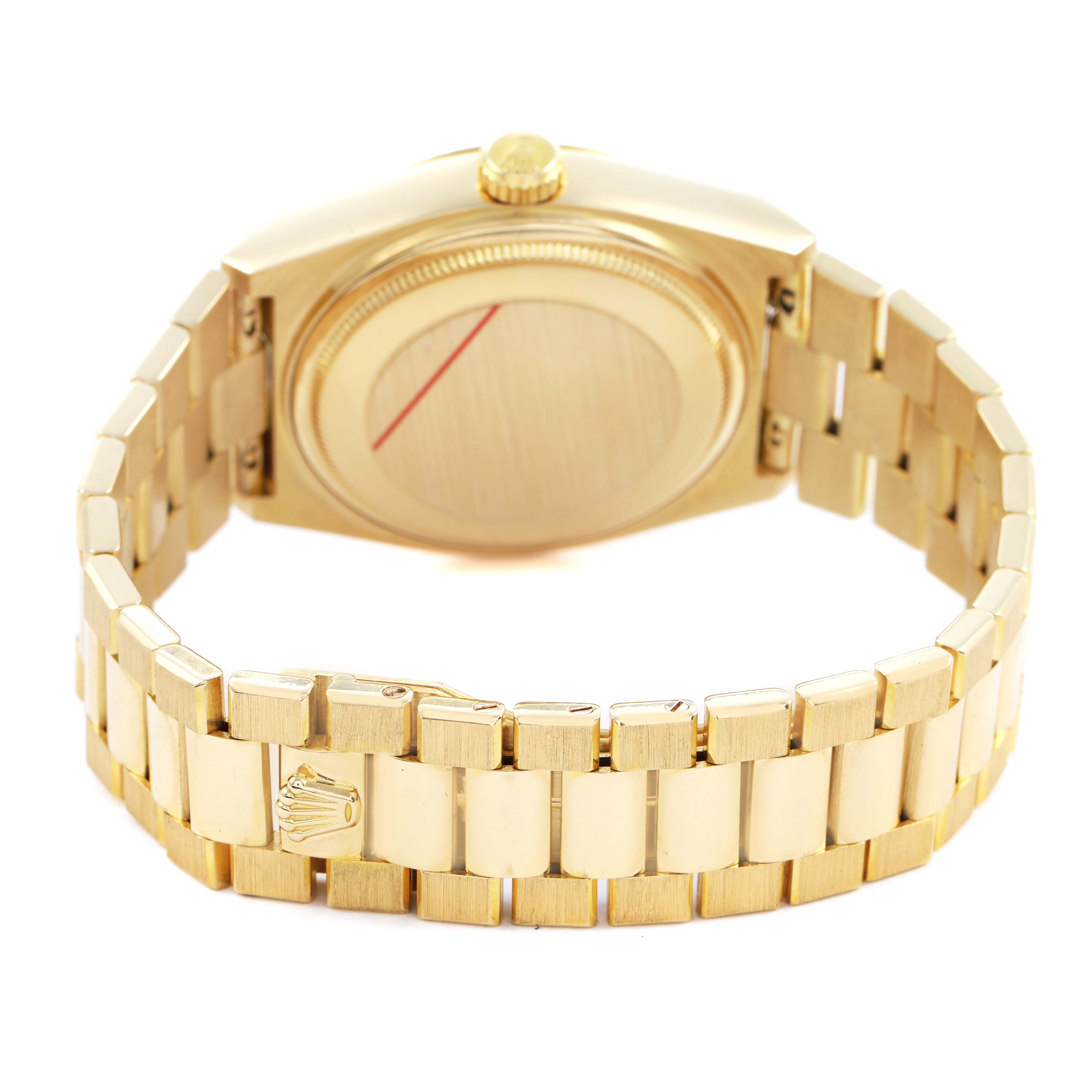 The image shows the back and side of a Rolex President 82028 Men's Yellow Gold Champagne Dial model with its gold bracelet and clasp.