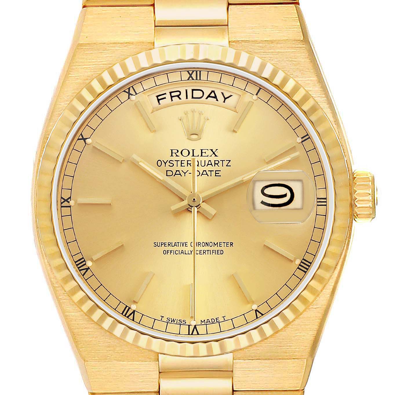 The Rolex President 82028 Men's Yellow Gold Champagne Dial model is shown from the front, highlighting its gold dial, fluted bezel, and day-date feature.