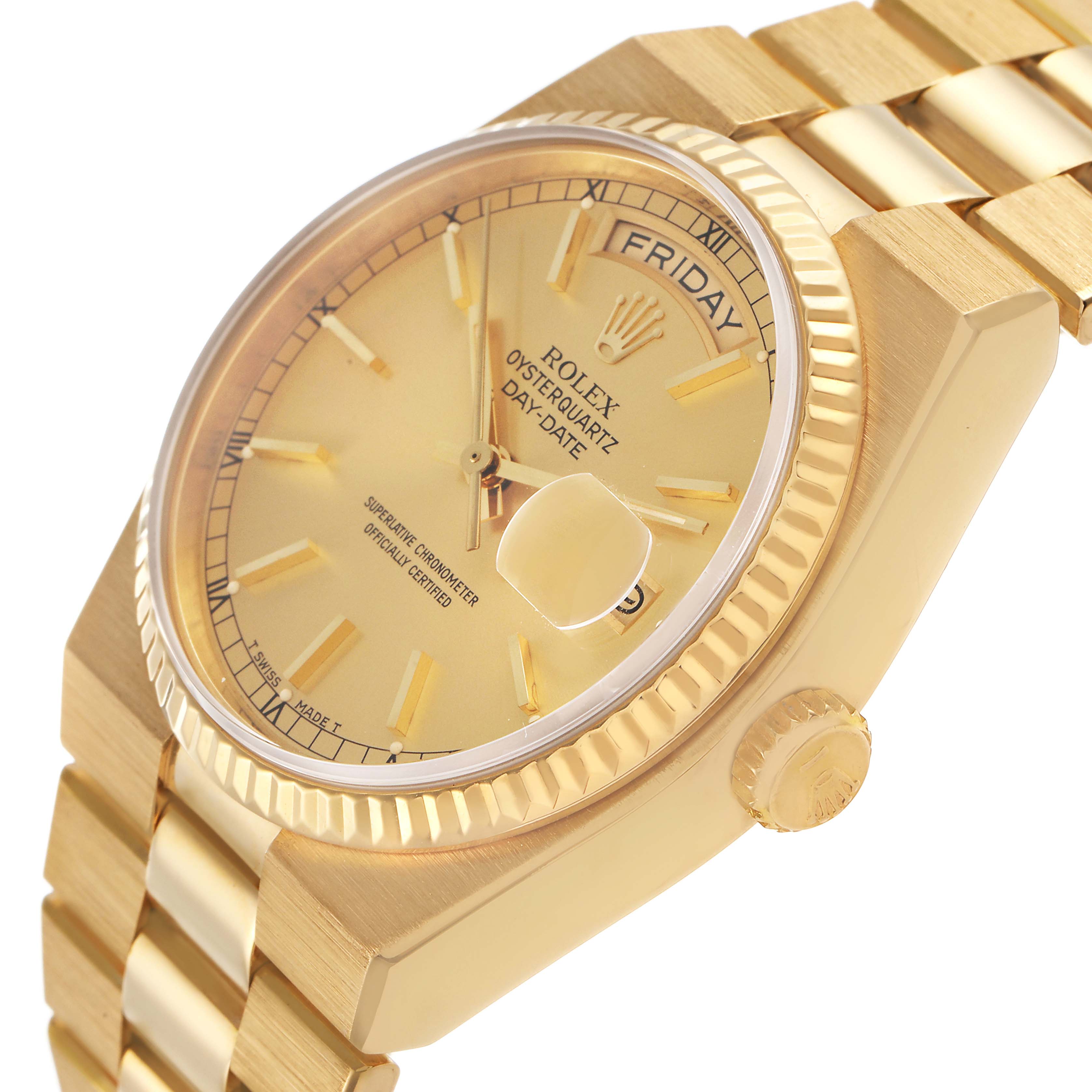 The Rolex President 82028 Men's Yellow Gold Champagne Dial watch is shown from an angled side view, highlighting the face, fluted bezel, crown, and part of the bracelet.