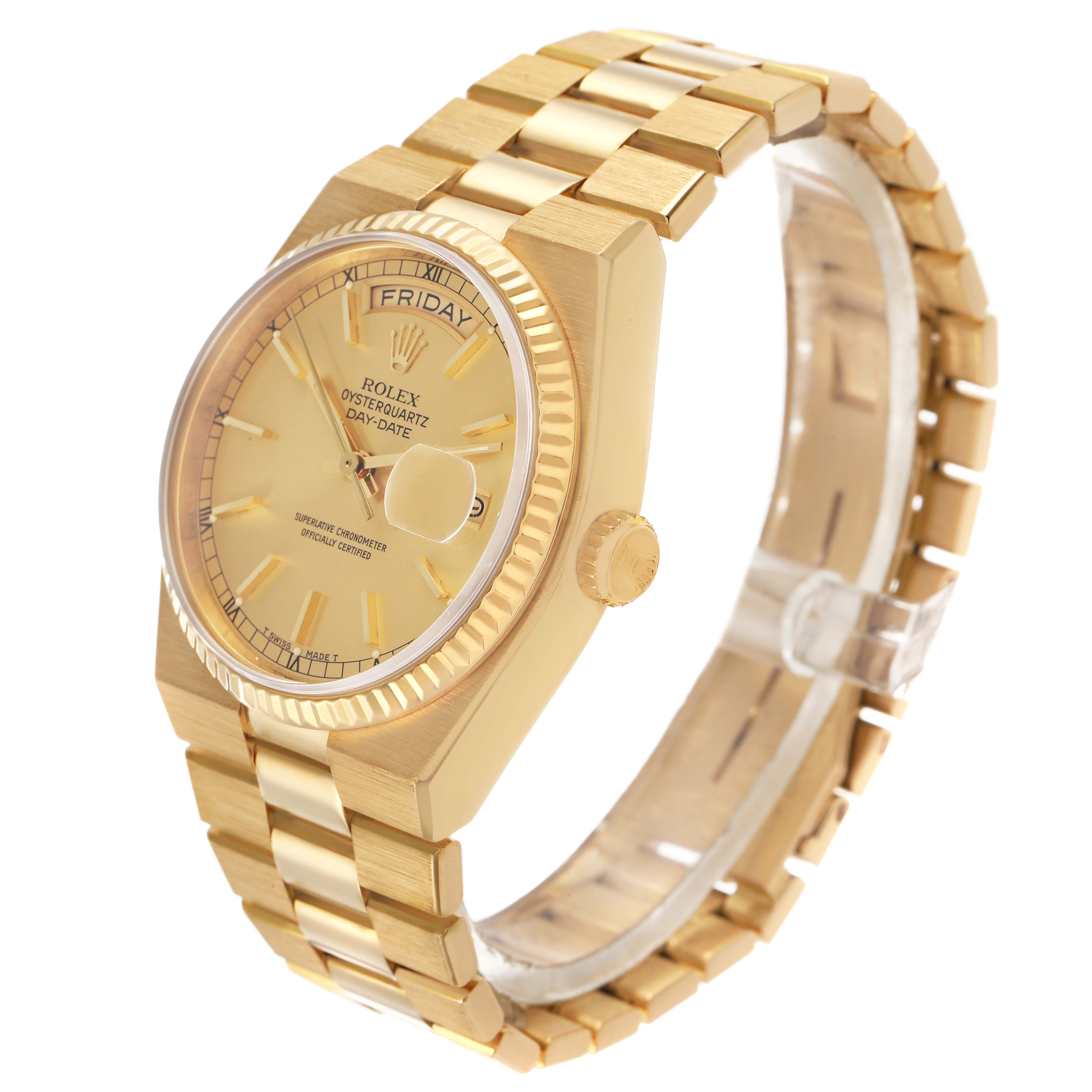 The Rolex President 82028 Men's Yellow Gold Champagne Dial watch is shown at a three-quarter angle, displaying the dial, bezel, and bracelet.