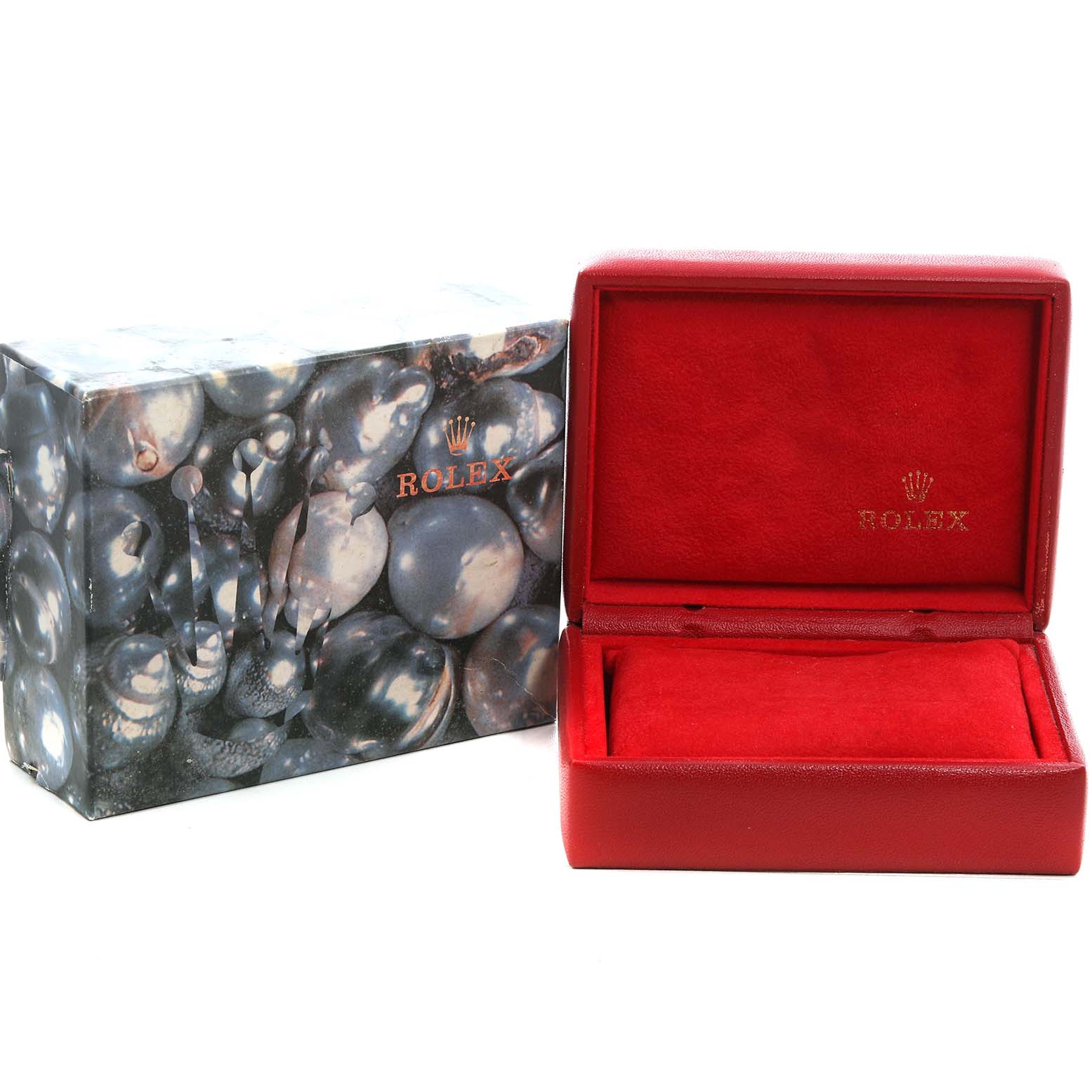 The image shows a Rolex President 69178 Women's Yellow Gold Black Dial watch box with a decorative outer box and a red interior.