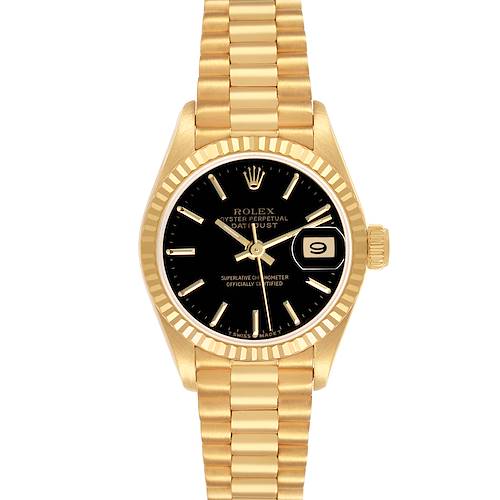 The Rolex President 69178 Women's Yellow Gold Black Dial watch is shown from the front, displaying its black dial, gold fluted bezel, and bracelet.