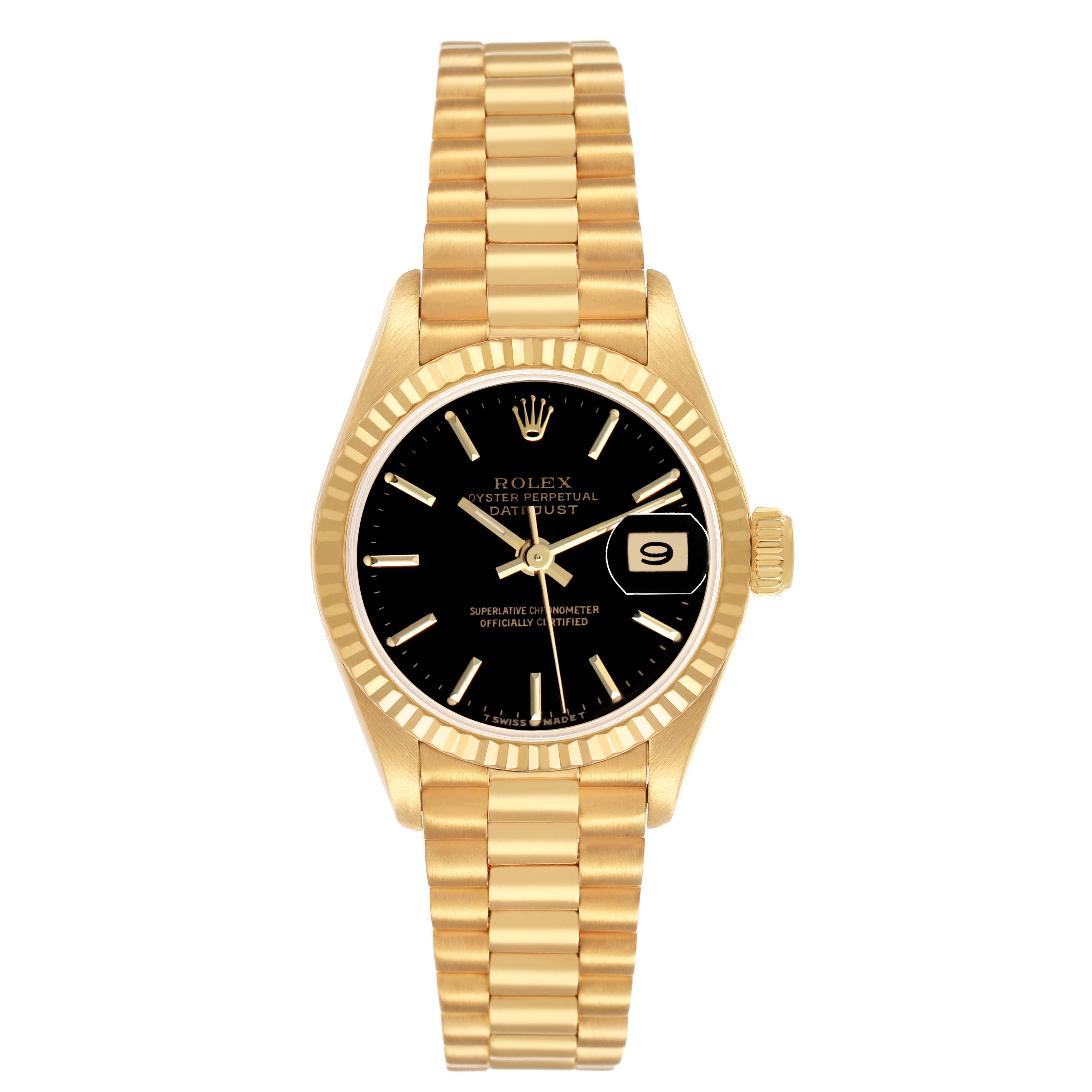 The Rolex President 69178 Women's Yellow Gold Black Dial model is shown from the front, displaying the bracelet, black dial, and fluted bezel.