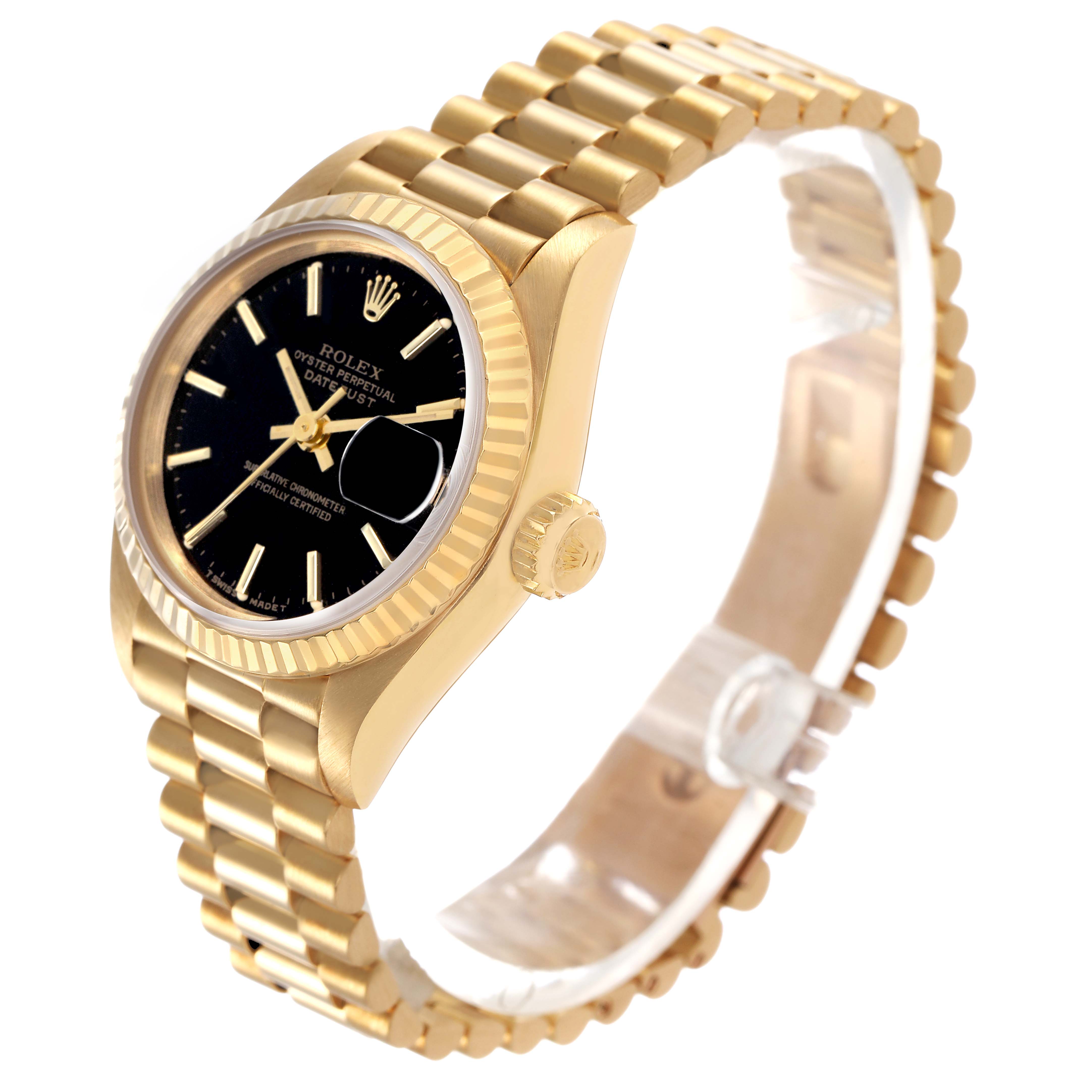 The Rolex President 69178 Women's Yellow Gold Black Dial model is shown at a three-quarter angle, highlighting the gold case, bracelet, and black dial with day and date features.