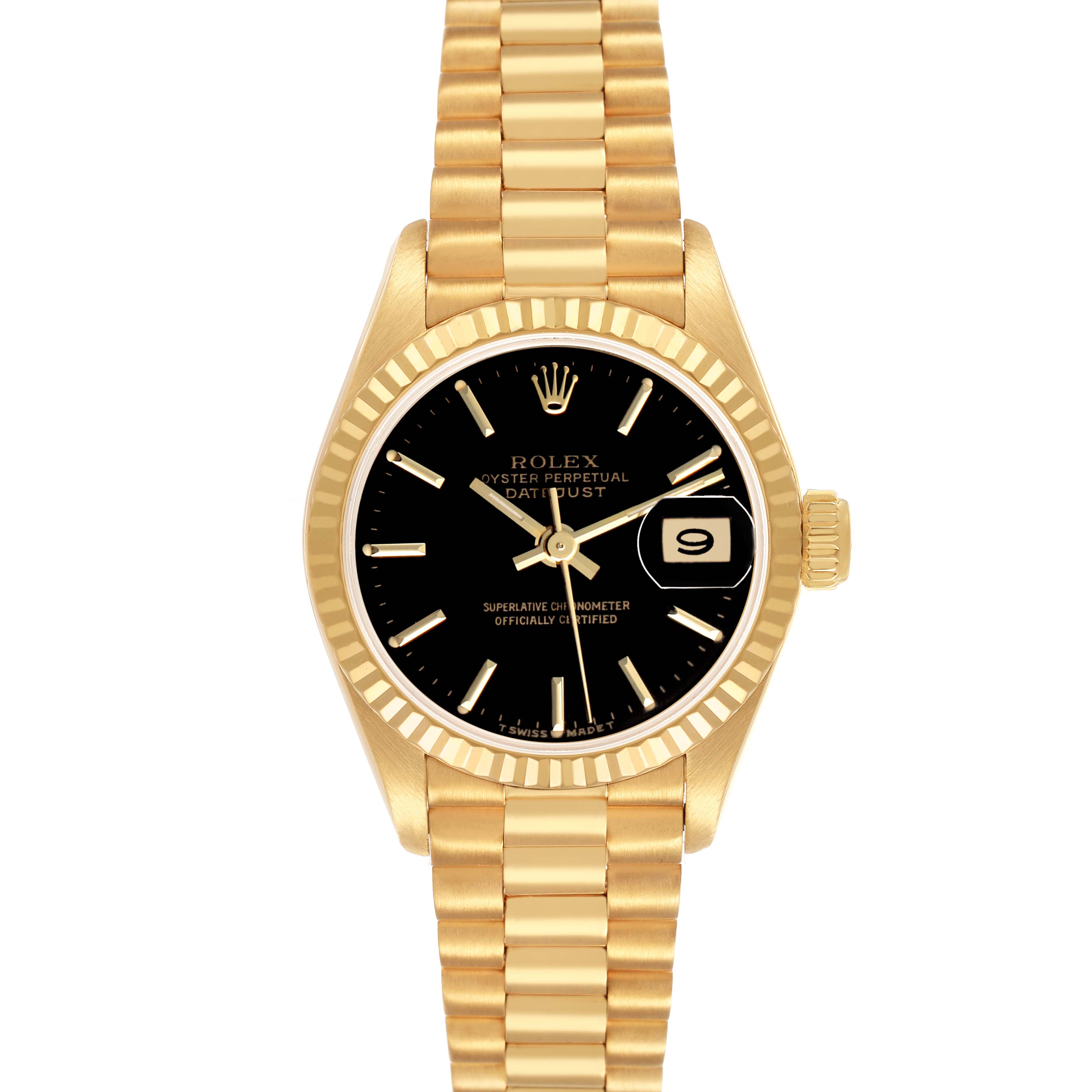 The Rolex President 69178 Women's Yellow Gold Black Dial model is shown from the front, displaying the dial, date window, bezel, and part of the bracelet.