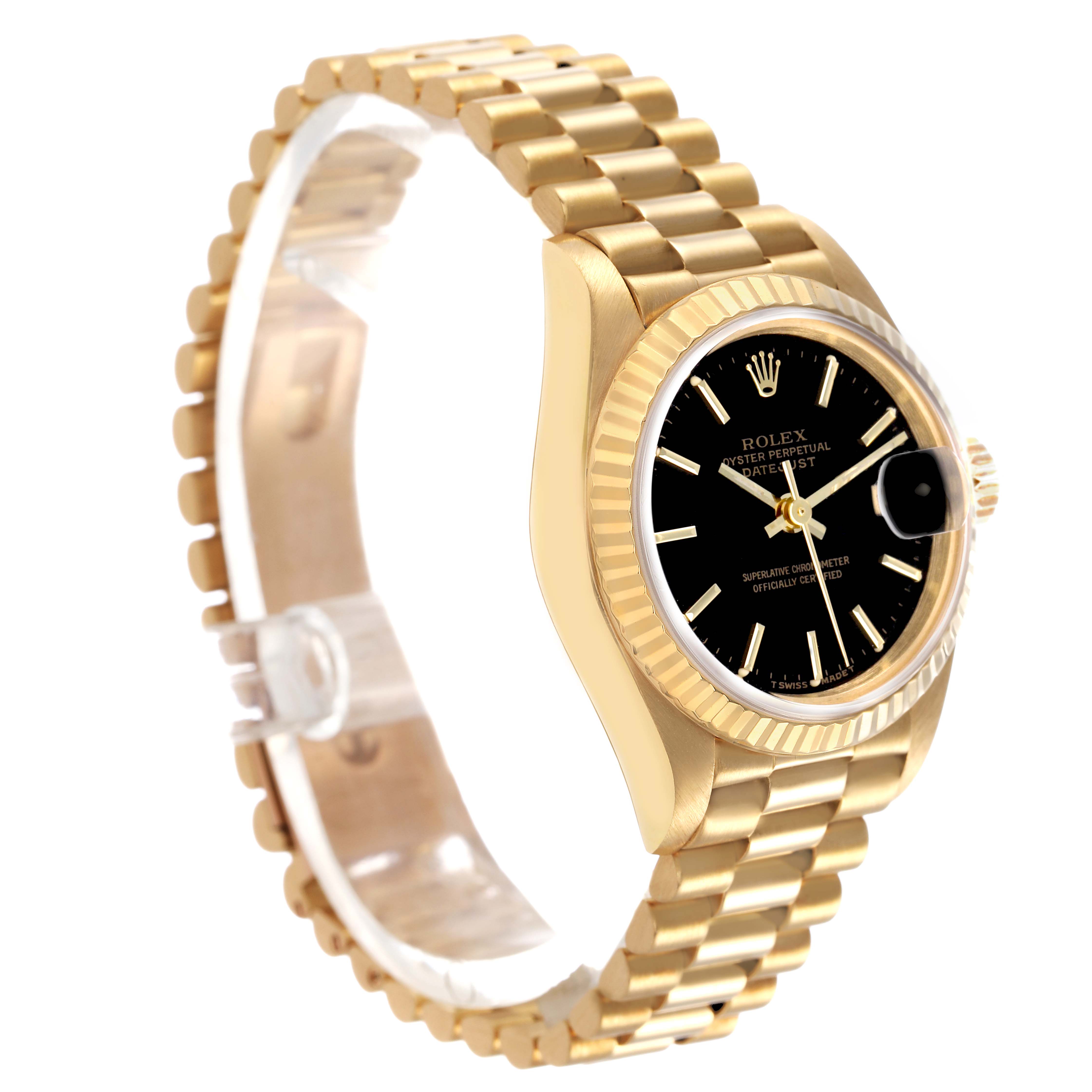 The Rolex President 69178 Women's Yellow Gold Black Dial model is shown at a slight angle, highlighting the gold fluted bezel, black dial, and President bracelet.