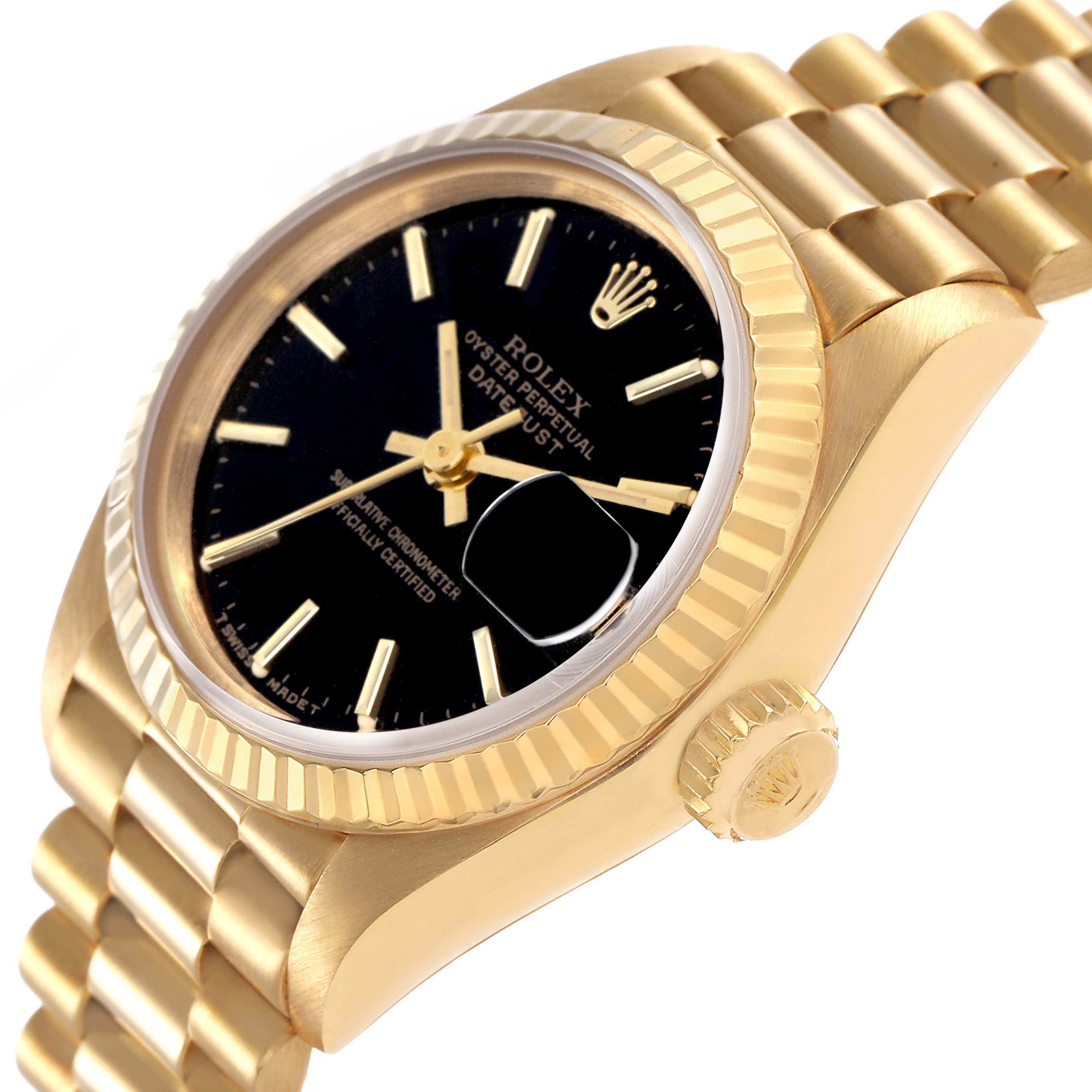 The Rolex President 69178 Women's Yellow Gold Black Dial model watch is shown from a slightly angled side view, highlighting the gold case, fluted bezel, black dial, and bracelet.