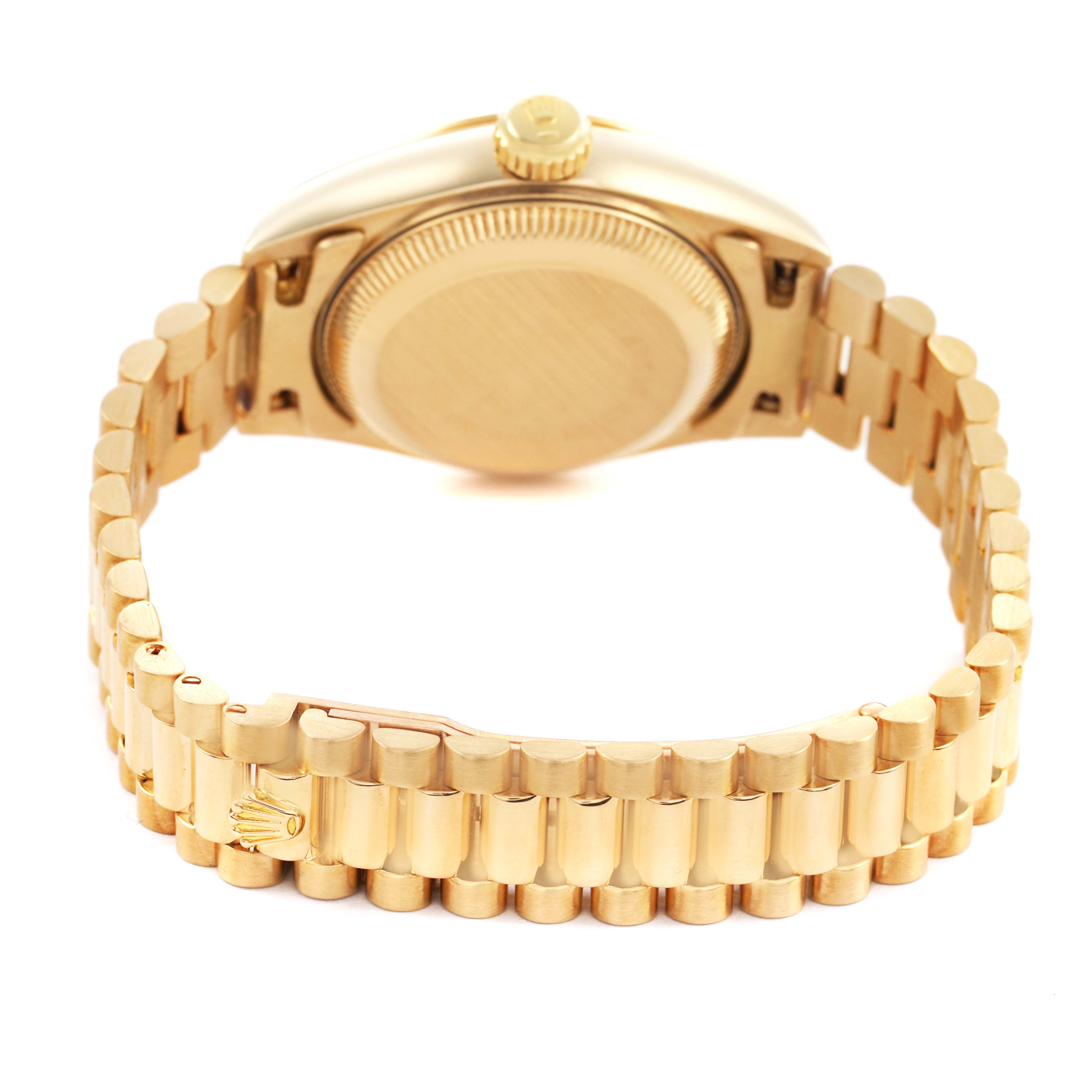The image shows the back and bracelet of a Rolex President 69178 Women's Yellow Gold Black Dial model watch from a bottom angle.