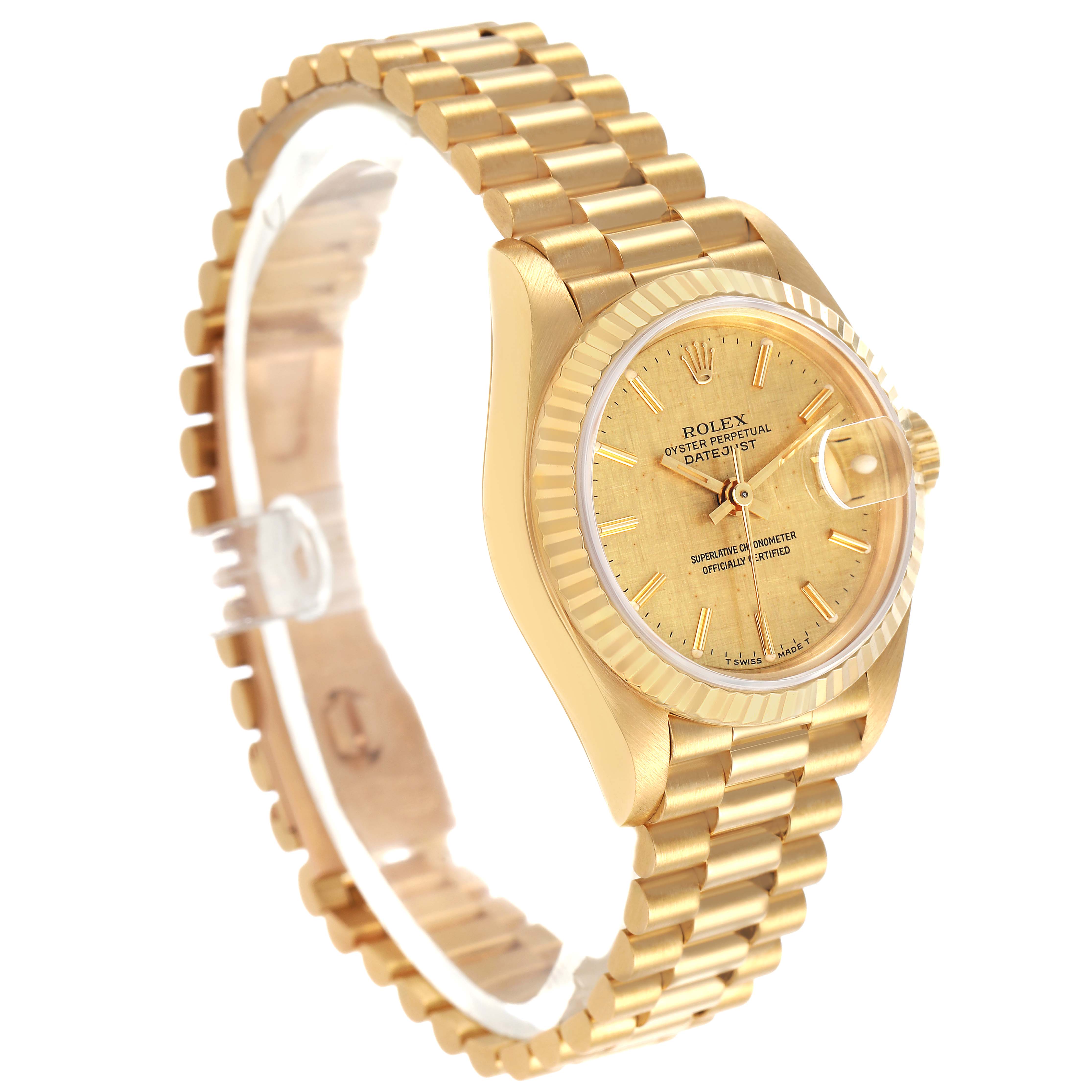 The image shows a side-angle view of a Rolex President 69178 Women's Yellow Gold Champagne Dial watch, highlighting the face, bezel, and bracelet.