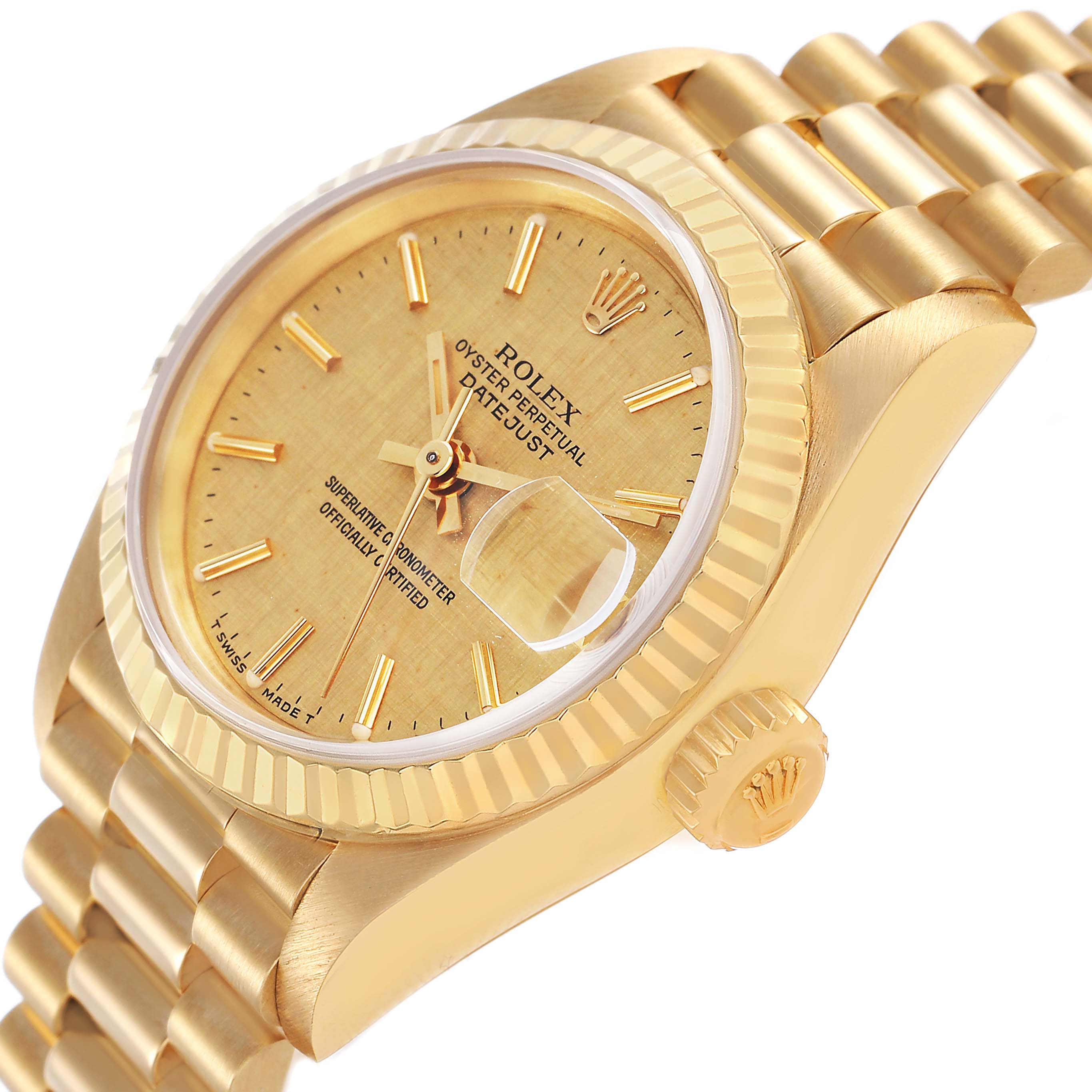 The Rolex President 69178 Women's Yellow Gold Champagne Dial model watch is shown from a side angle, displaying the bracelet, bezel, dial, and crown.