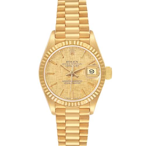 The Rolex President 69178 Women's Yellow Gold Champagne Dial model is shown from a top-down angle, highlighting its gold case, fluted bezel, and President bracelet.