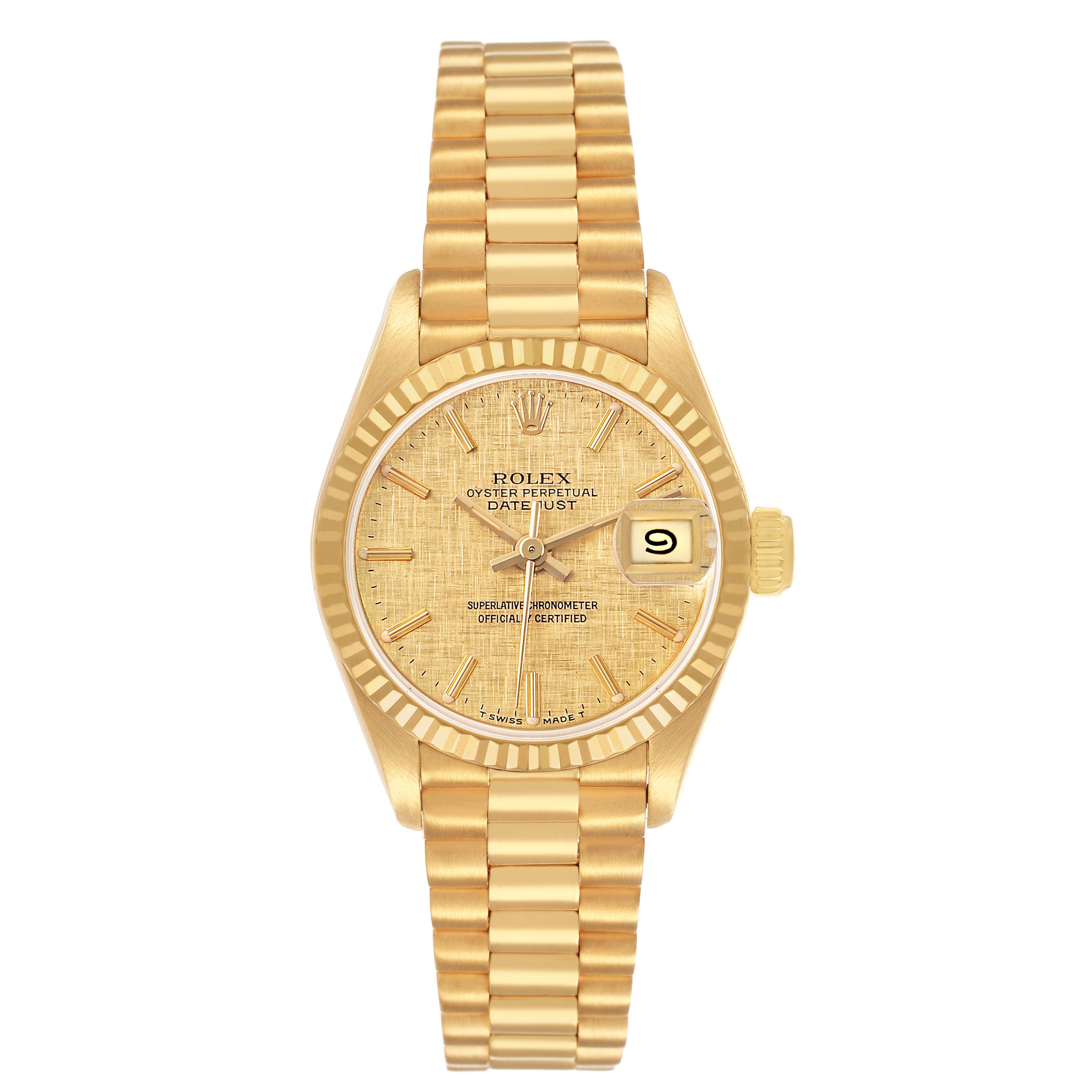 The Rolex President 69178 Women's Yellow Gold Champagne Dial watch is shown from a top-down angle, highlighting the dial, bezel, bracelet, and date magnifier.