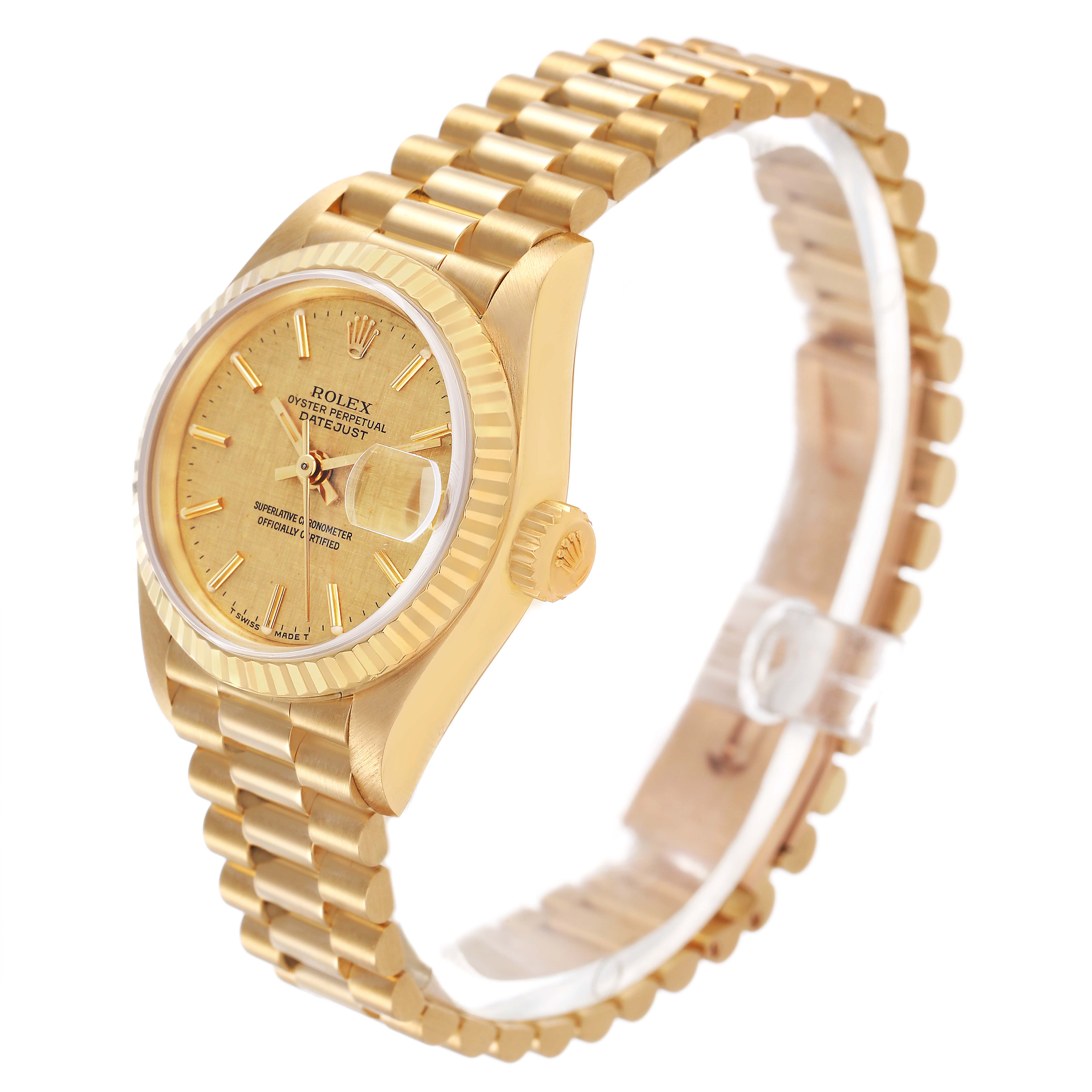 The Rolex President 69178 Women's Yellow Gold Champagne Dial model watch is at a left side angle, showing the gold case, bezel, dial, and bracelet.