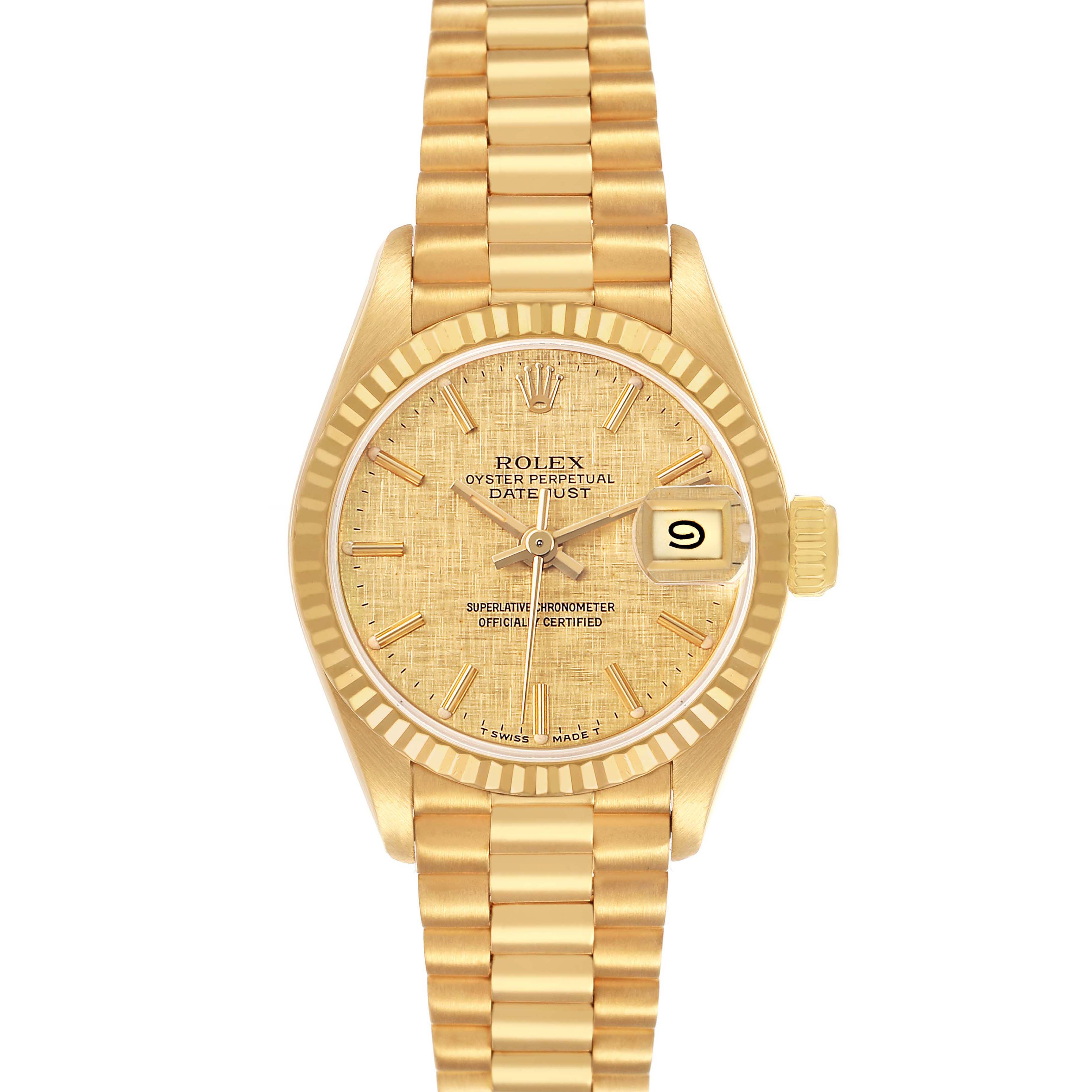The Rolex President 69178 Women's Yellow Gold Champagne Dial model is shown from a top view, displaying the dial, fluted bezel, and bracelet.
