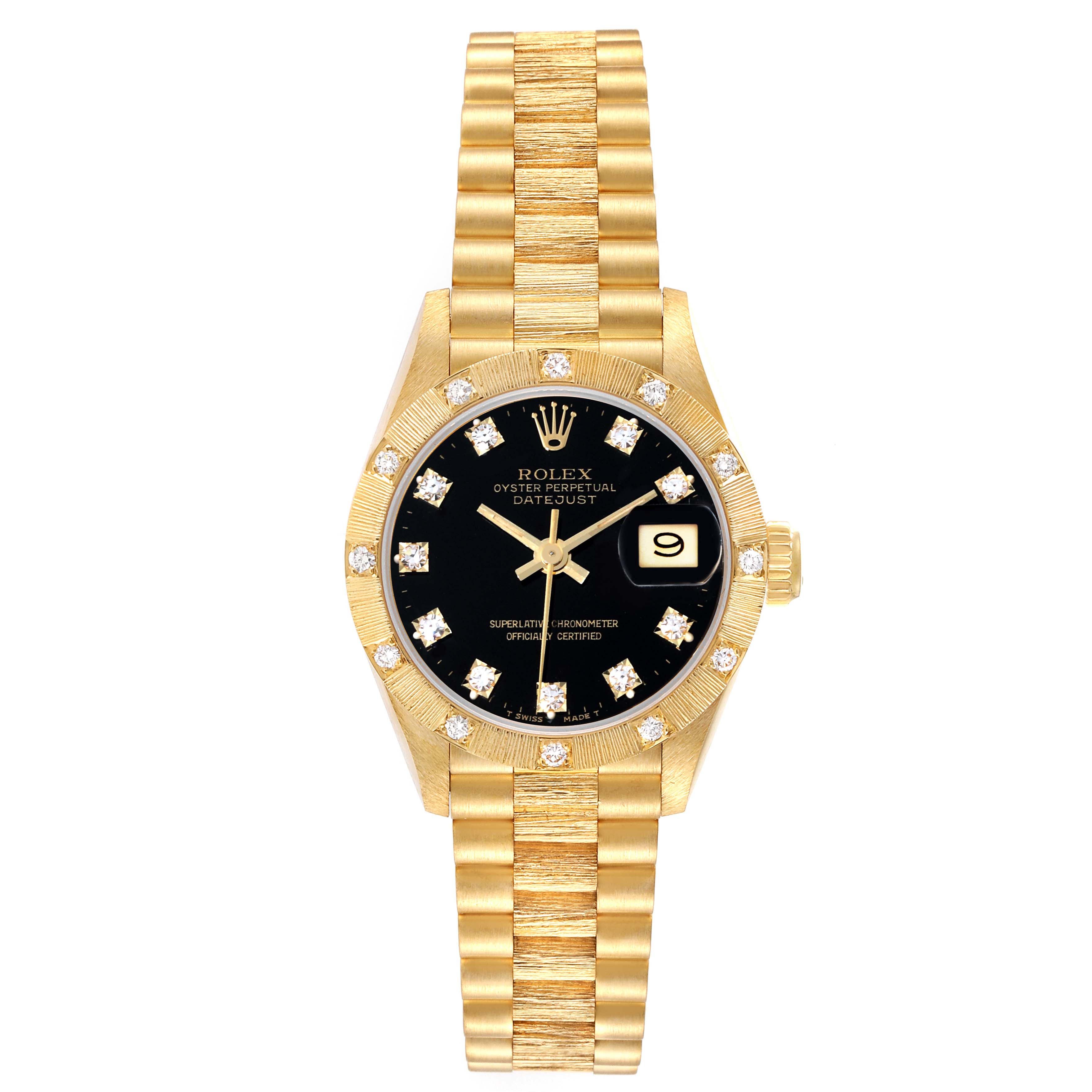 This image shows a frontal view of the Rolex President 69288G Women's Yellow Gold Black Dial 69288G Women's Yellow Gold Black Dial model watch, highlighting the dial, bezel, and bracelet.
