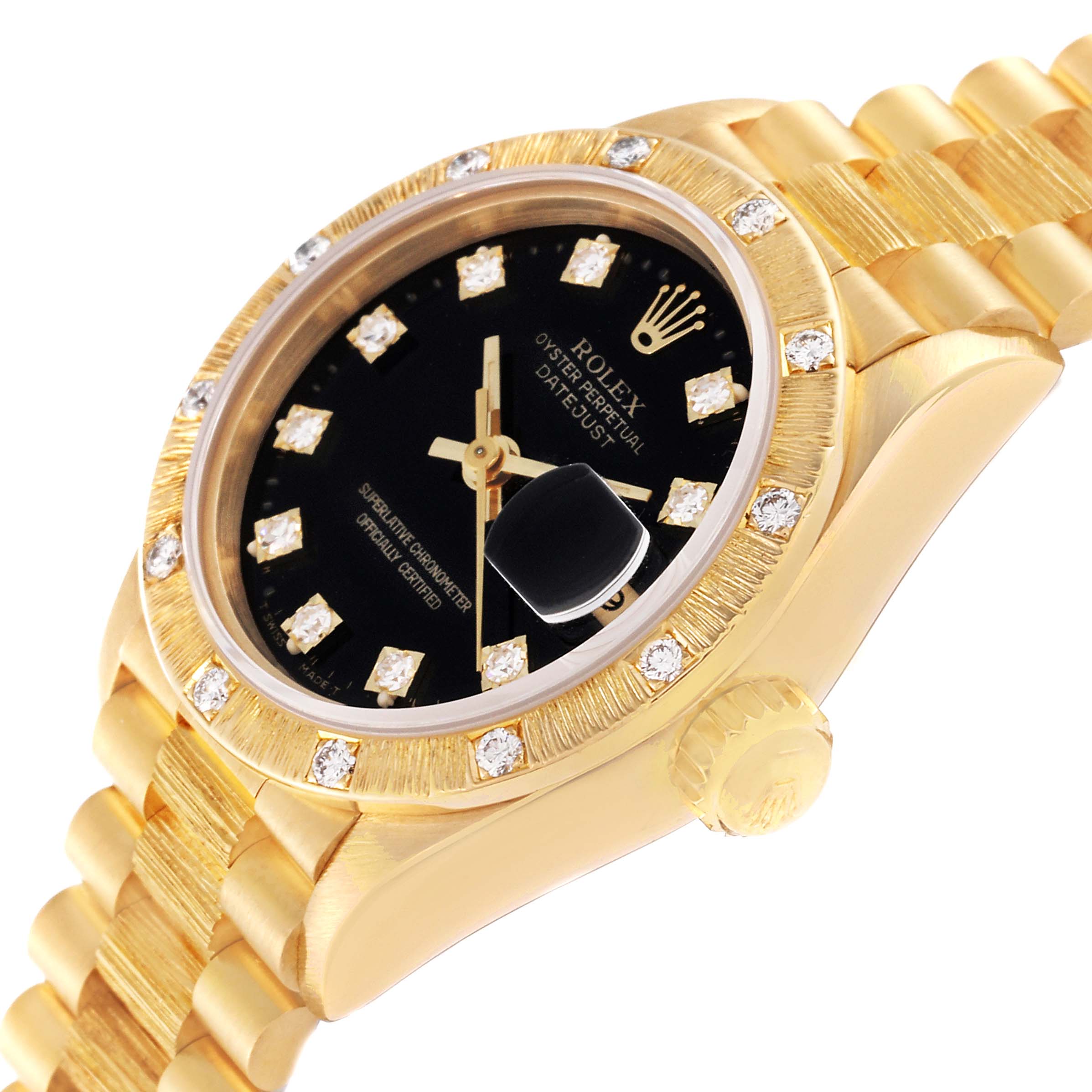 The image shows a side-angle view of the Rolex President 69288G Women's Yellow Gold Black Dial 69288G Women's Yellow Gold Black Dial model watch, highlighting its gold casing, bracelet, and diamond-studded bezel and dial.