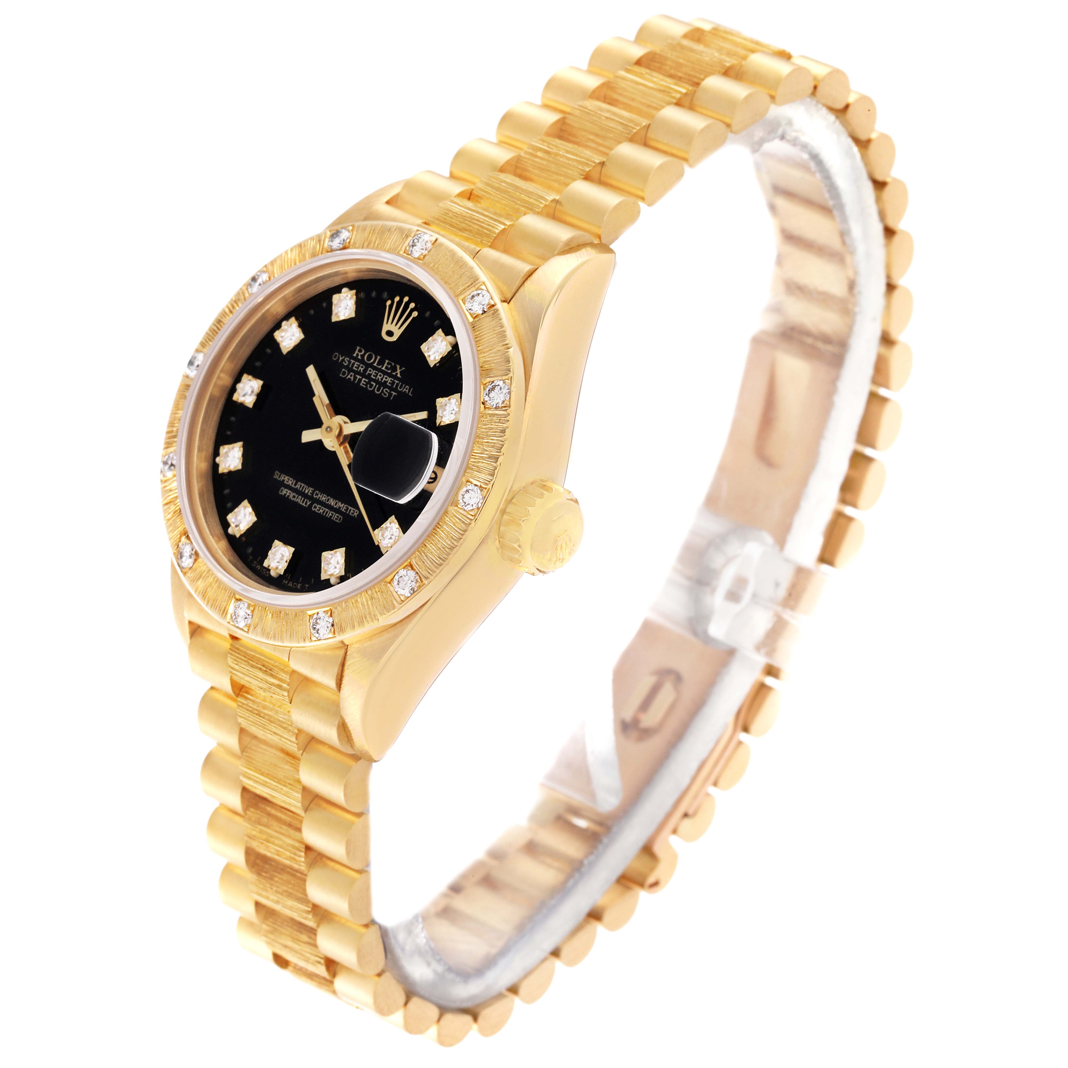The image shows a Rolex President 69288G Women's Yellow Gold Black Dial 69288G Women's Yellow Gold Black Dial model watch at an angled side view, highlighting its gold band, bezel, and black dial.
