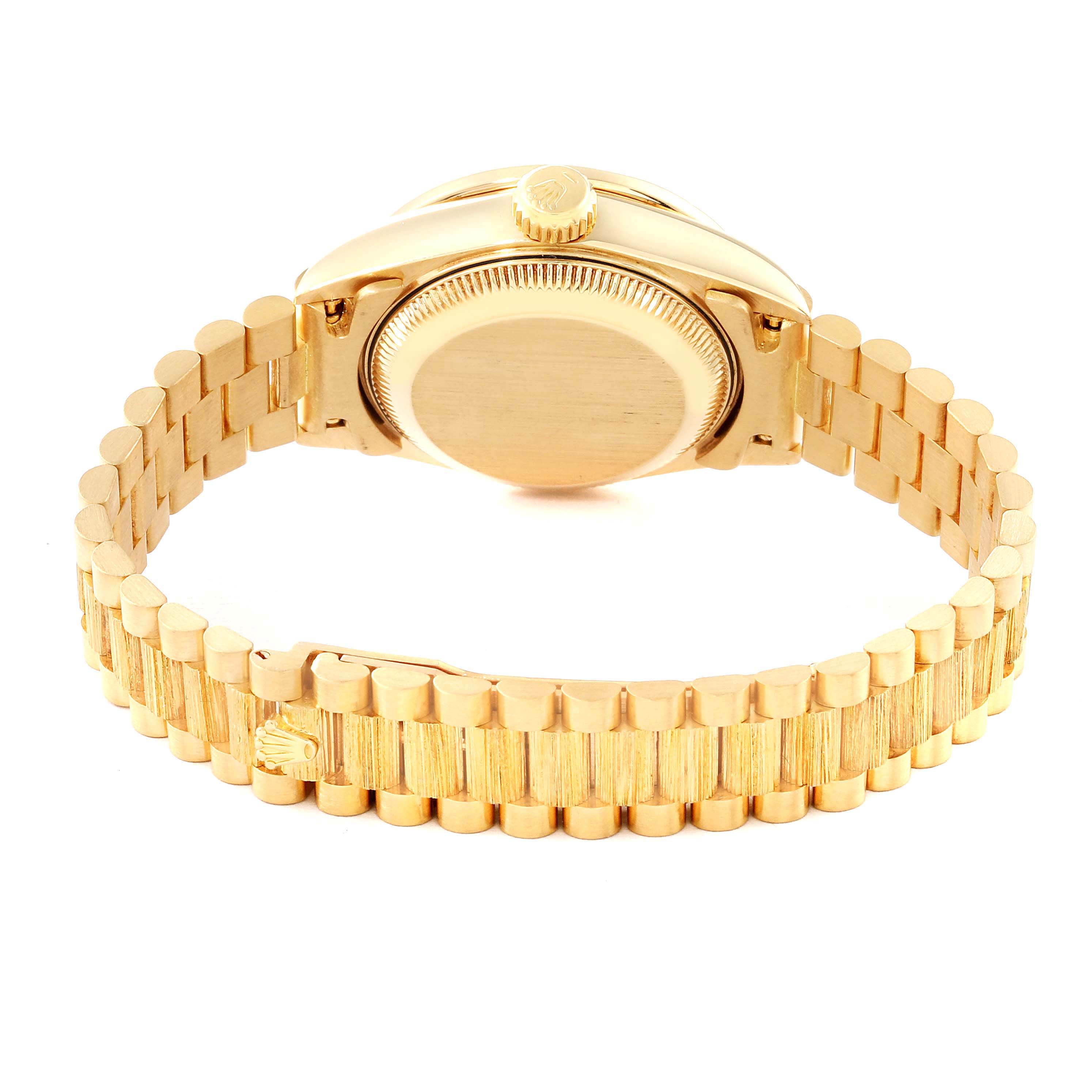 The image shows the back view of a Rolex President 69288G Women's Yellow Gold Black Dial 69288G Women's Yellow Gold Black Dial model watch, highlighting the bracelet and caseback.