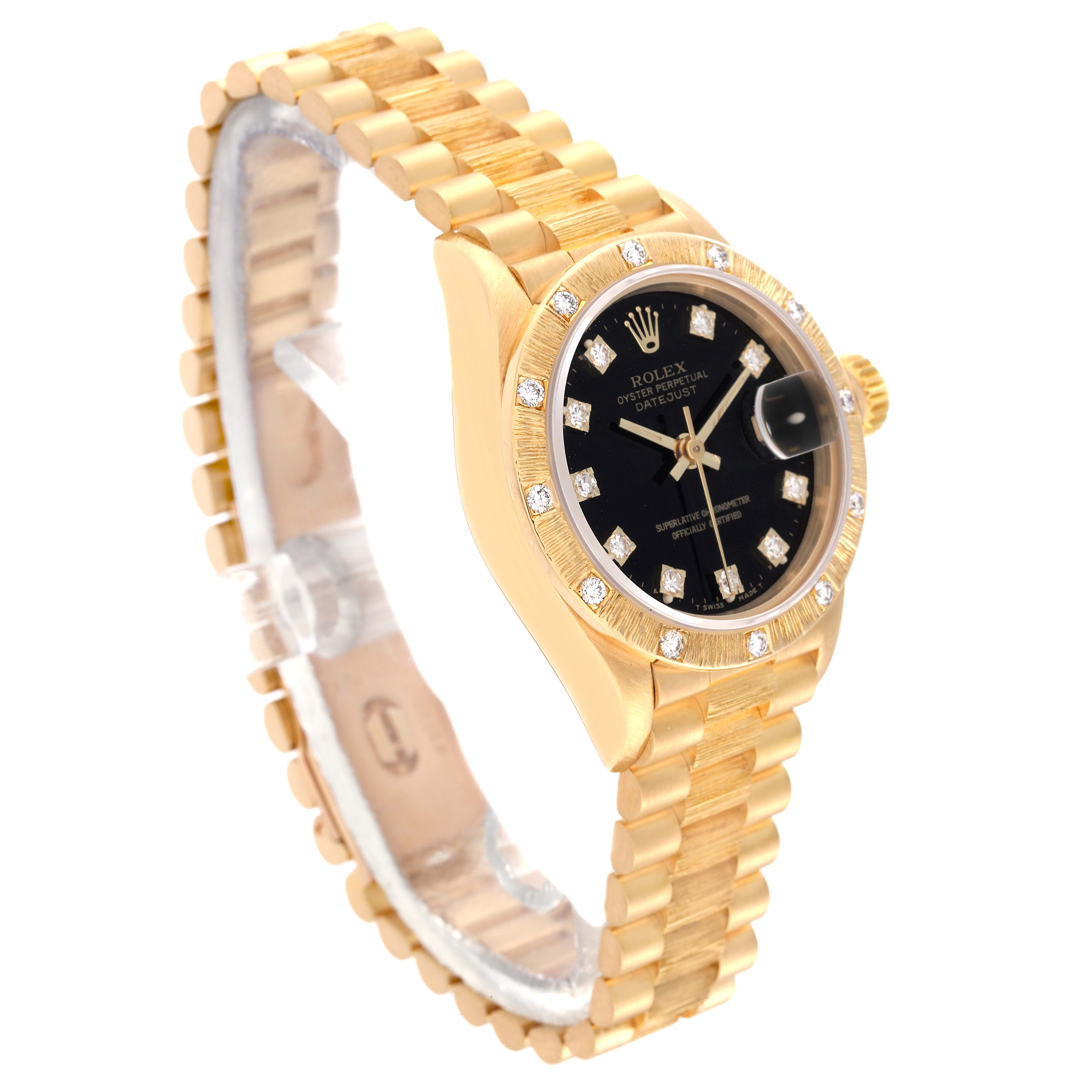 This image shows a Rolex President 69288G Women's Yellow Gold Black Dial 69288G Women's Yellow Gold Black Dial model watch at a three-quarter angle, highlighting the gold bracelet, black dial, and diamond bezel.