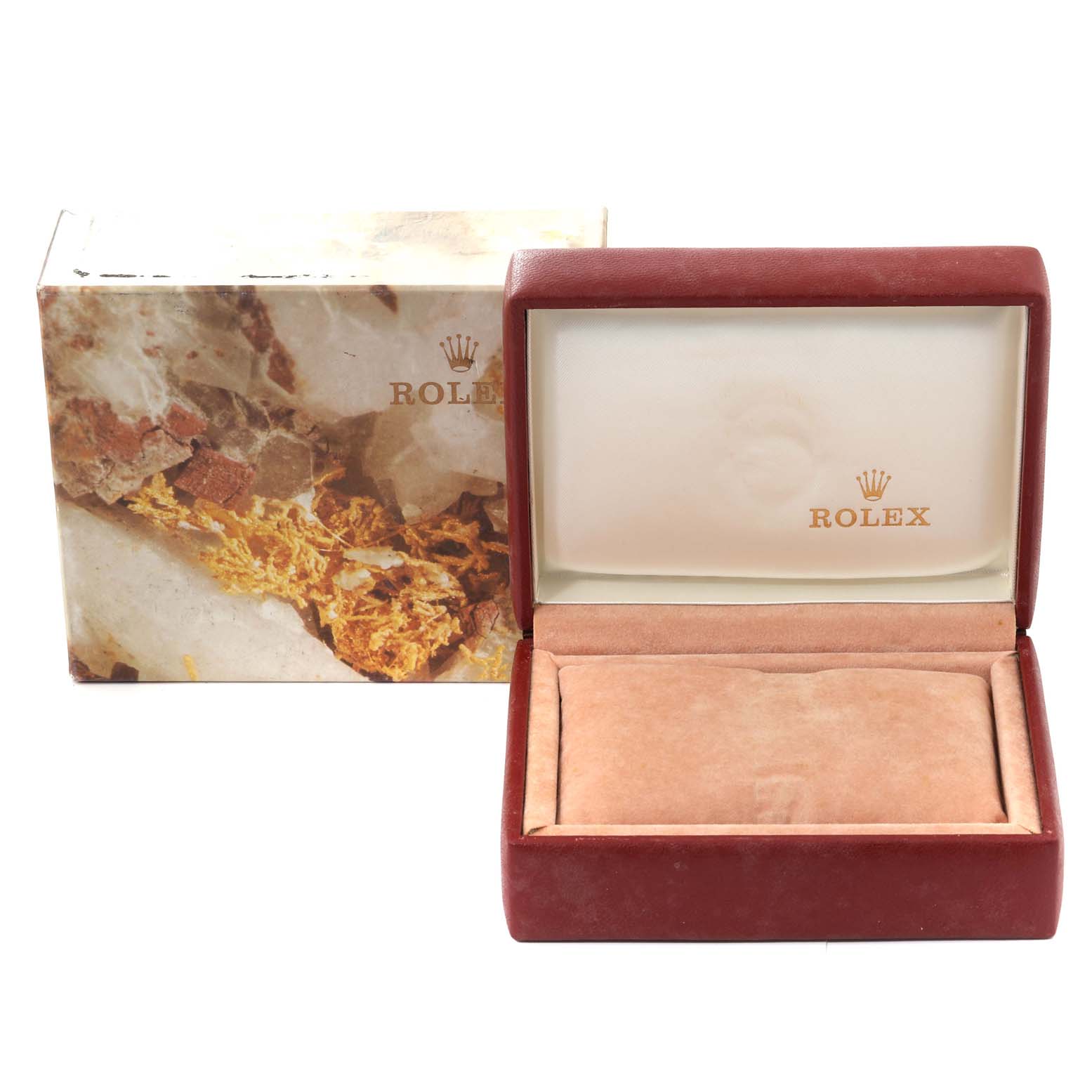 This image shows an empty Rolex President 69288G Women's Yellow Gold Black Dial 69288G Women's Yellow Gold Black Dial model watch box and its outer packaging, viewed from the front.