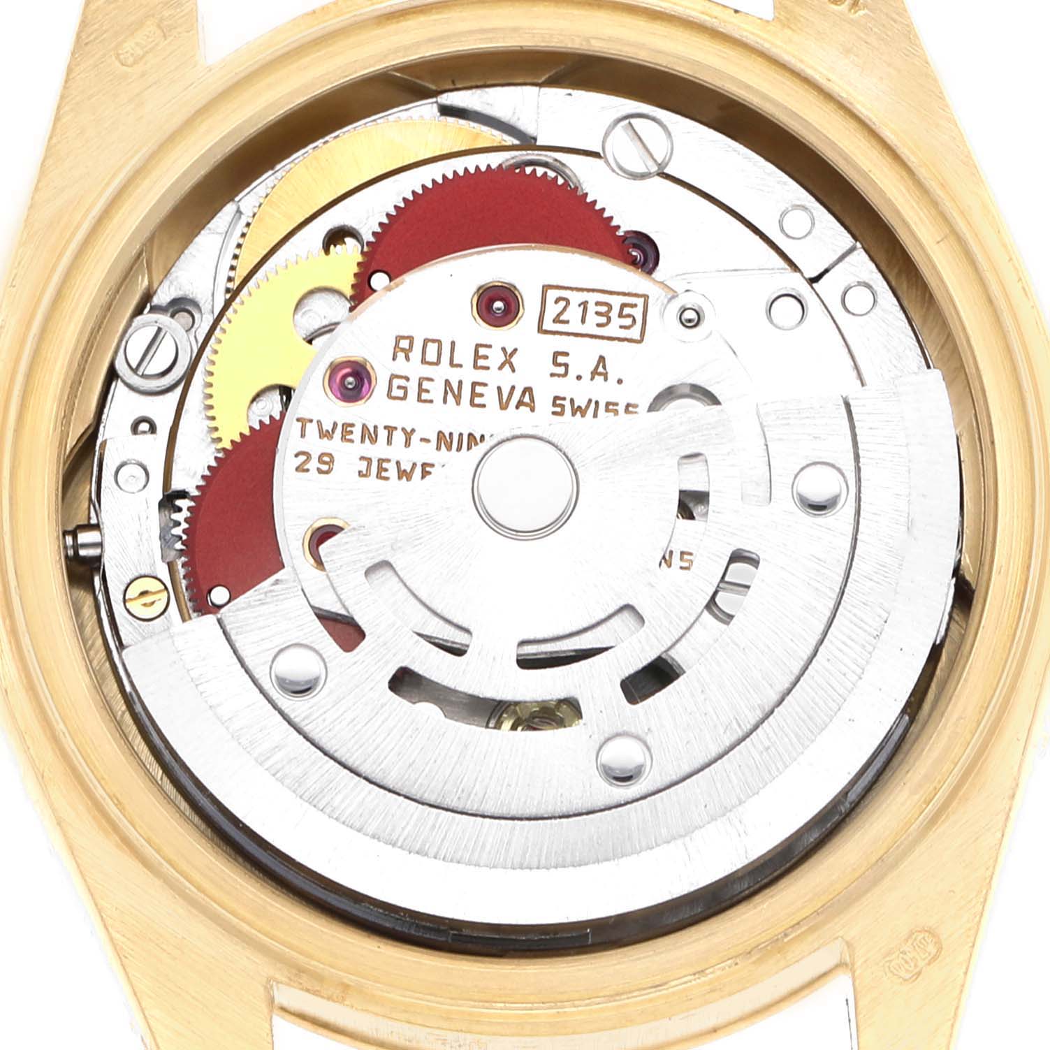 The image shows the internal mechanism of a Rolex President 69178 Women's Yellow Gold Champagne Dial model, highlighting gears and the rotor from a rear angle.