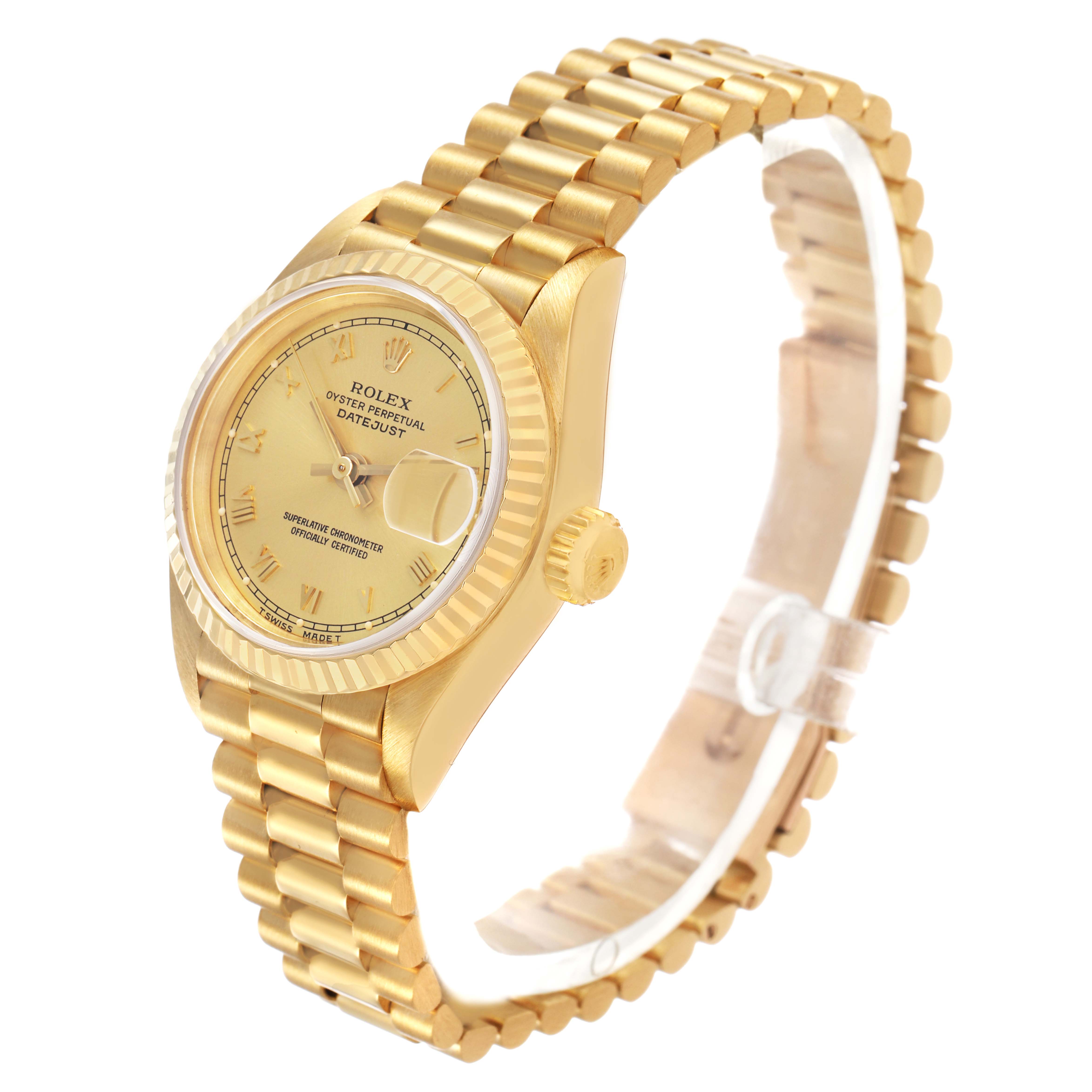 The Rolex President 69178 Women's Yellow Gold Champagne Dial watch is shown at a three-quarter angle displaying its face, bezel, and partially open bracelet.
