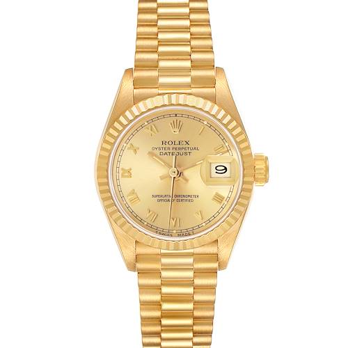 The Rolex President 69178 Women's Yellow Gold Champagne Dial model is shown from the front, featuring its gold case, fluted bezel, and day-date display at 3 o'clock.