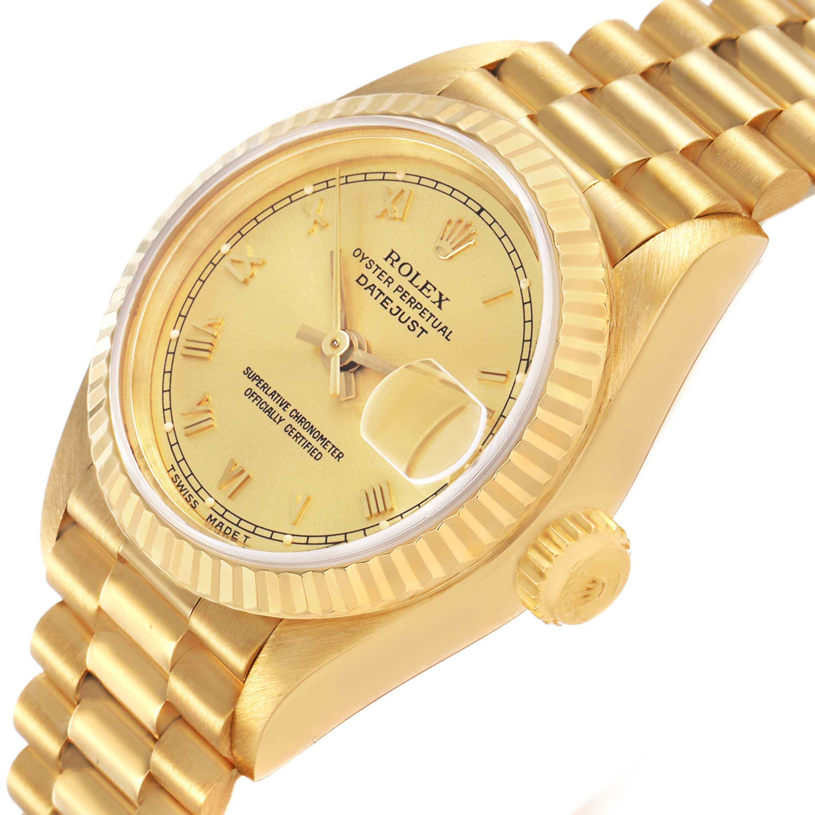 The Rolex President 69178 Women's Yellow Gold Champagne Dial watch is shown at an angle highlighting the dial, bezel, crown, and part of the bracelet.