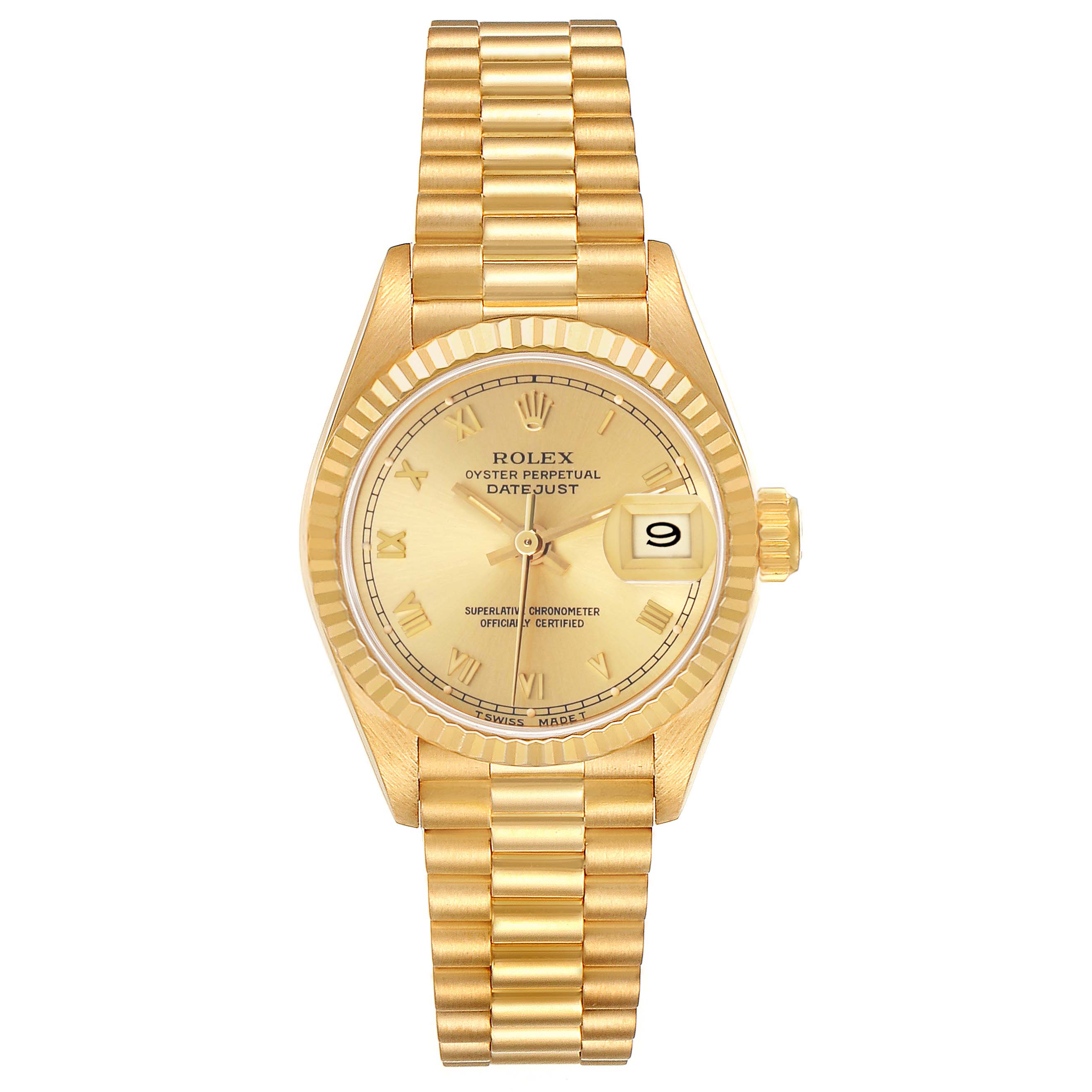 The Rolex President 69178 Women's Yellow Gold Champagne Dial watch is shown from the front, displaying the dial, bezel, and bracelet.