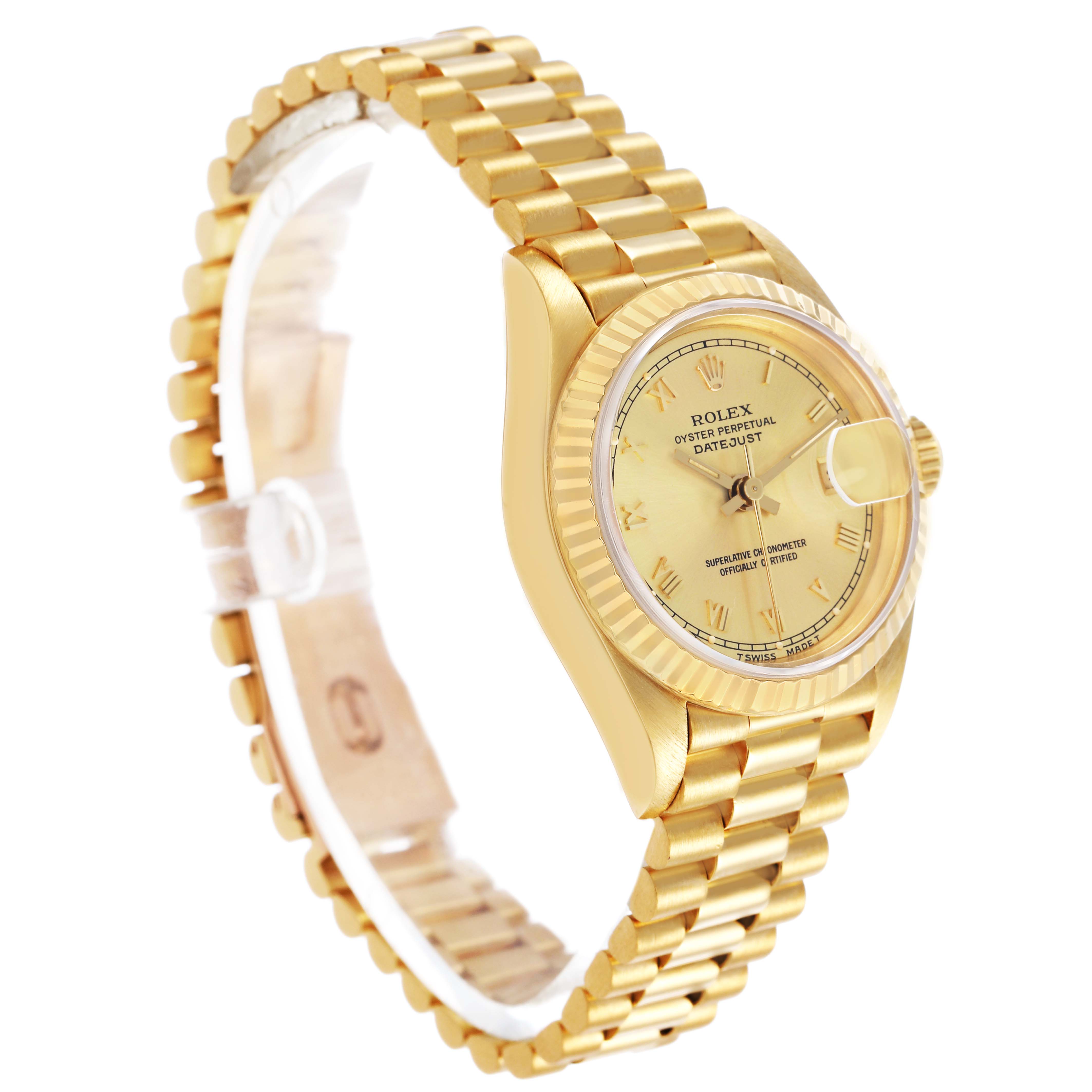The Rolex President 69178 Women's Yellow Gold Champagne Dial model watch is shown at a side angle, highlighting its bracelet, bezel, and face.