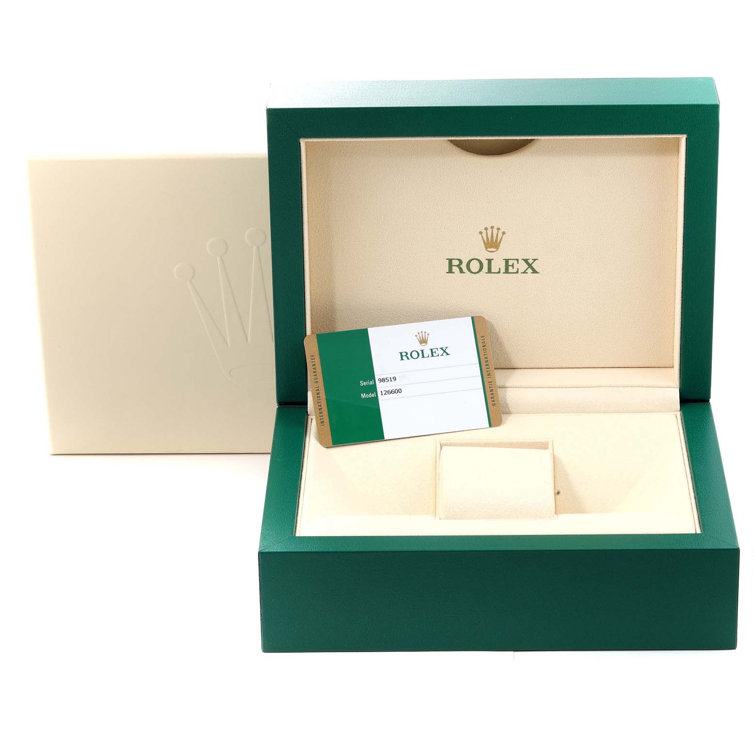 The image shows an open presentation box and identification card for the Rolex Sea-Dweller 126600 Men
s Stainless Steel Black Dial 126600 Men
s Stainless Steel Black Dial model, viewed from the front.