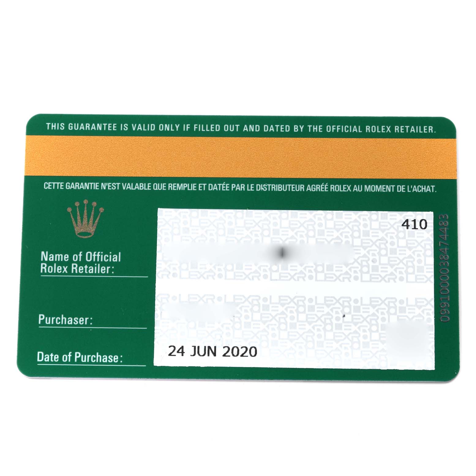 This image shows the warranty card for the Rolex Sea-Dweller 126600 Men
s Stainless Steel Black Dial 126600 Men
s Stainless Steel Black Dial, dated June 24, 2020.