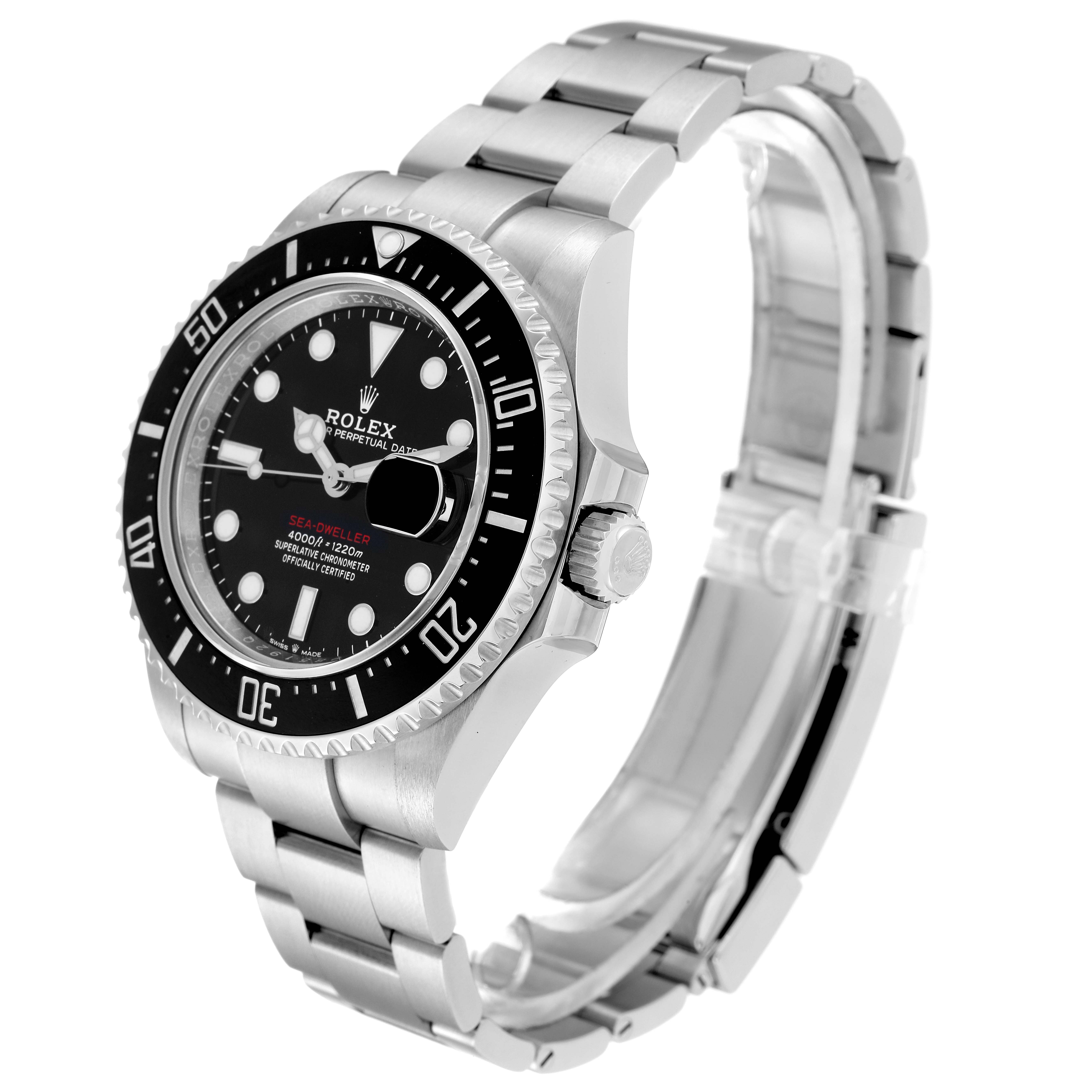 The image shows a Rolex Sea-Dweller 126600 Men
s Stainless Steel Black Dial 126600 Men
s Stainless Steel Black Dial watch from a front angle, highlighting the face, bezel, crown, and bracelet.