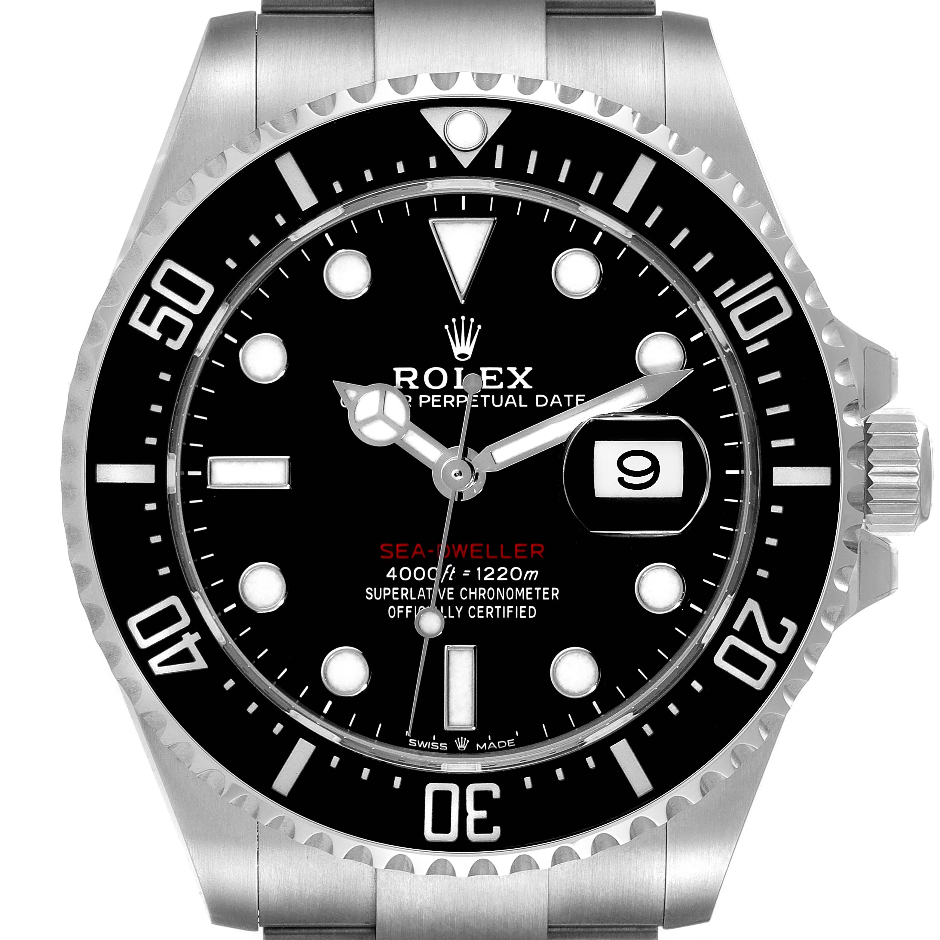 This image shows the face of a Rolex Sea-Dweller 126600 Men
s Stainless Steel Black Dial 126600 Men
s Stainless Steel Black Dial watch, highlighting the bezel, dial, hands, and date window.