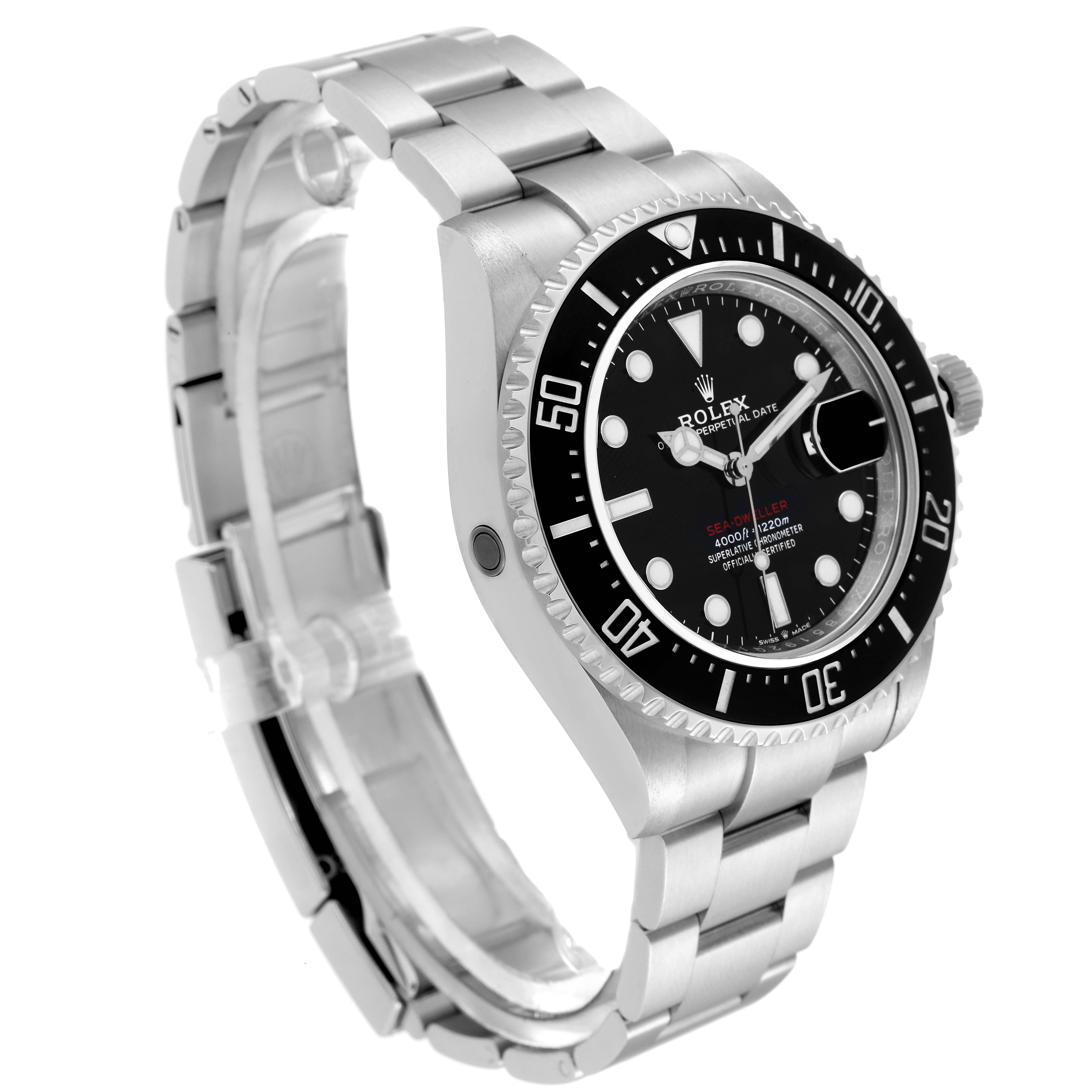 The image shows a Rolex Sea-Dweller 126600 Men
s Stainless Steel Black Dial 126600 Men
s Stainless Steel Black Dial watch at an angled side view, highlighting the dial, bracelet, and bezel.
