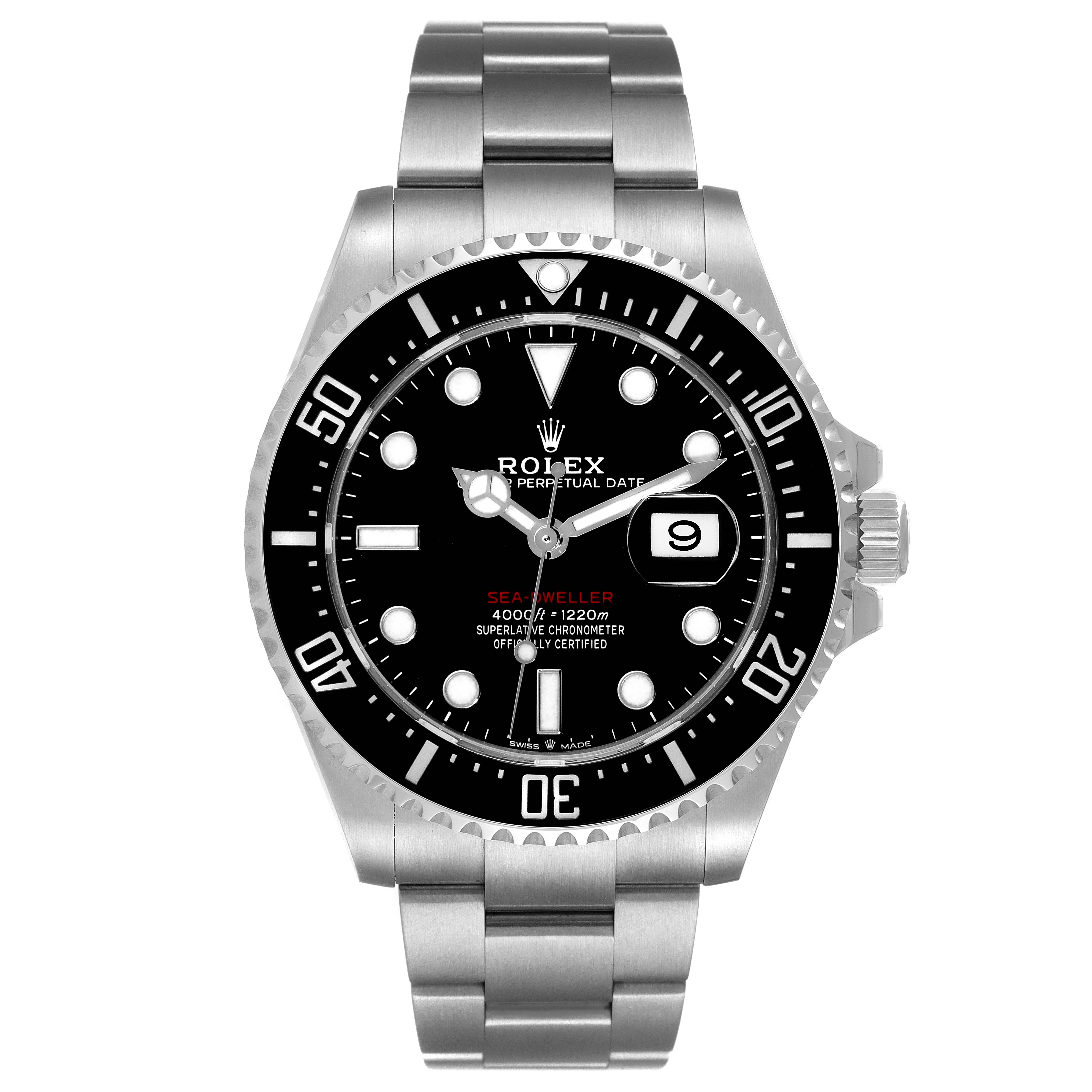 The image shows a frontal view of the Rolex Sea-Dweller 126600 Men
s Stainless Steel Black Dial 126600 Men
s Stainless Steel Black Dial watch, highlighting its dial, bezel, and bracelet.