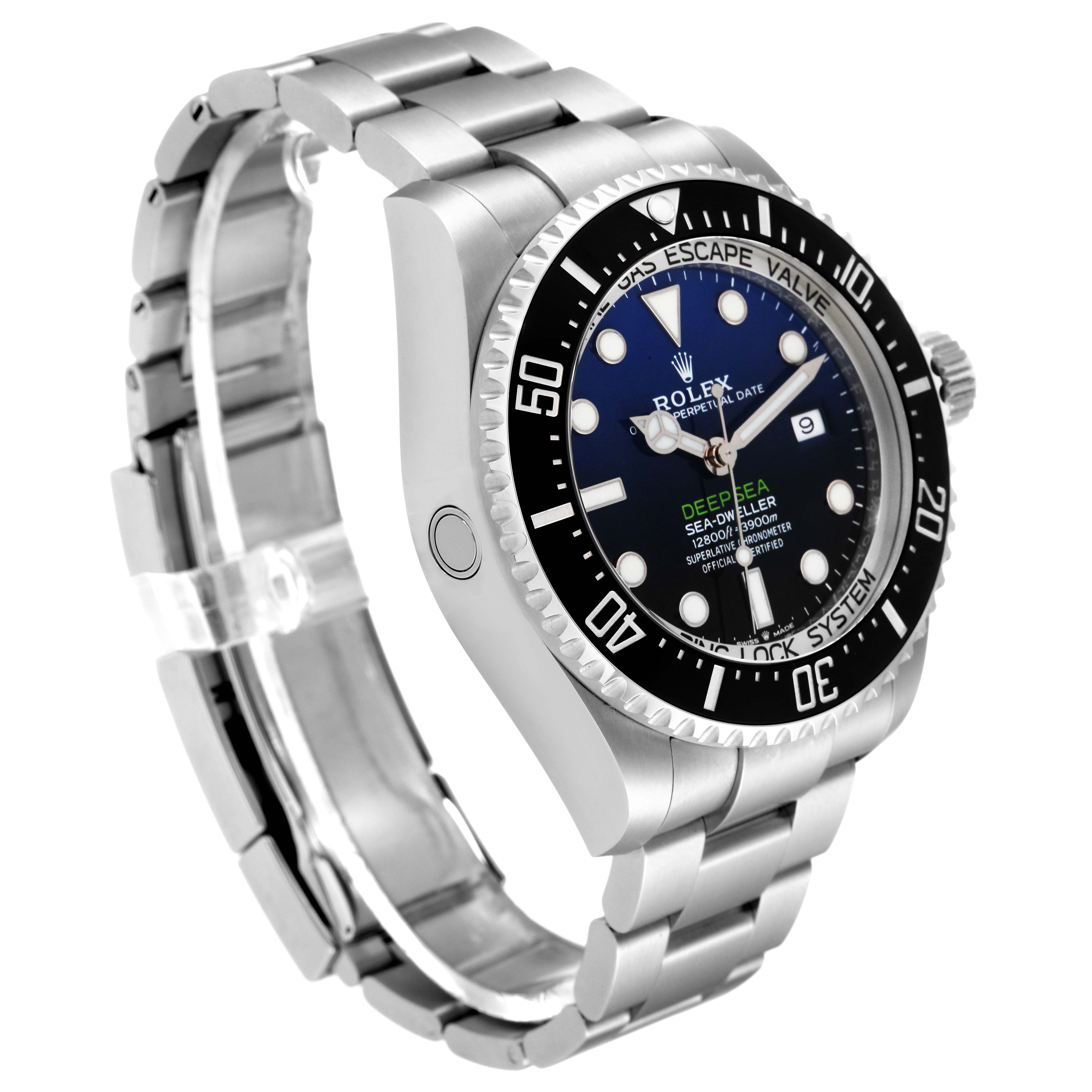This image shows a side angle view of the Rolex Sea-Dweller 126660 Men
s Stainless Steel Blue Dial 126660 Men
s Stainless Steel Blue Dial watch, highlighting the face, bezel, and metal bracelet.
