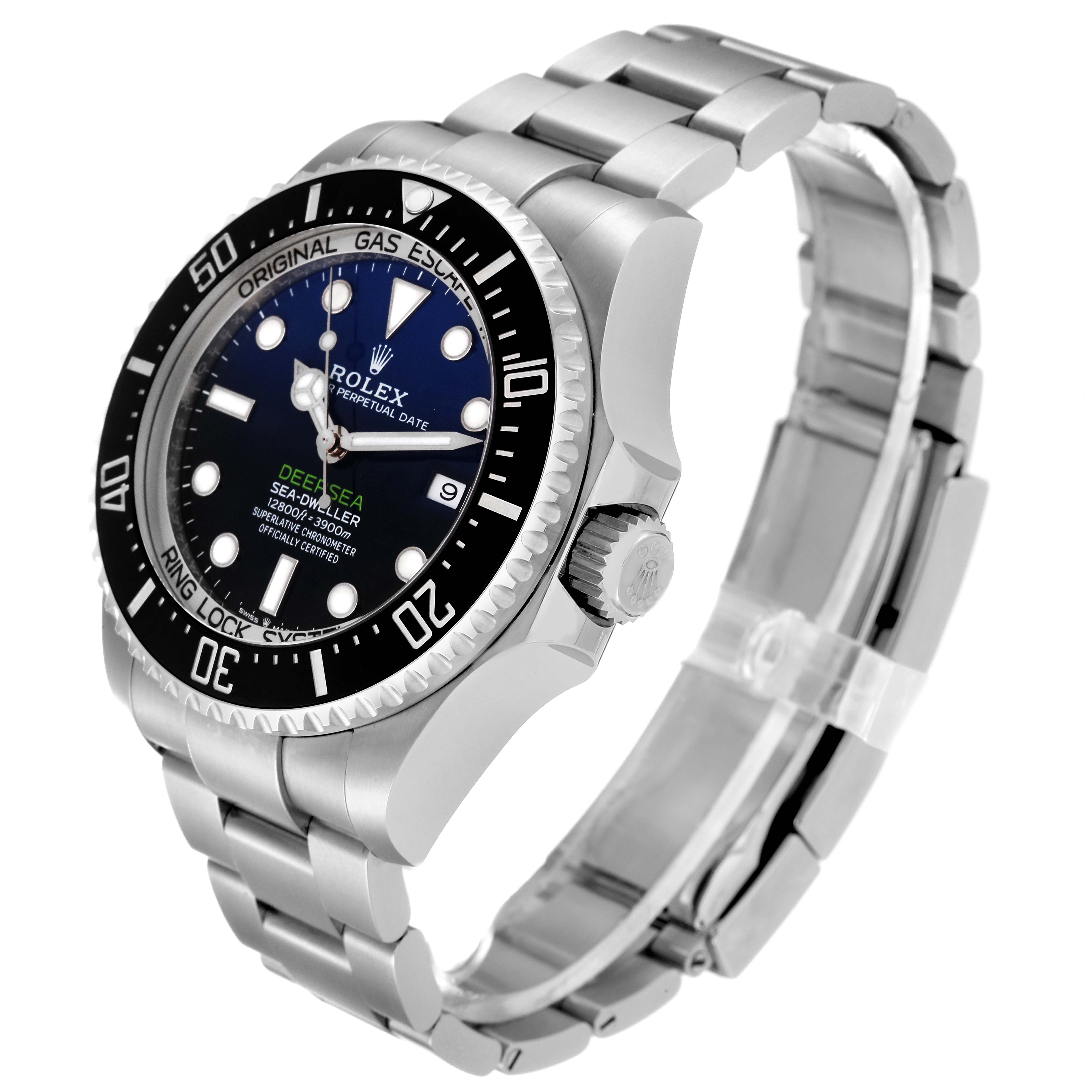 The image shows a side angle of the Rolex Sea-Dweller 126660 Men
s Stainless Steel Blue Dial 126660 Men
s Stainless Steel Blue Dial watch, highlighting the case, bezel, dial, and bracelet.