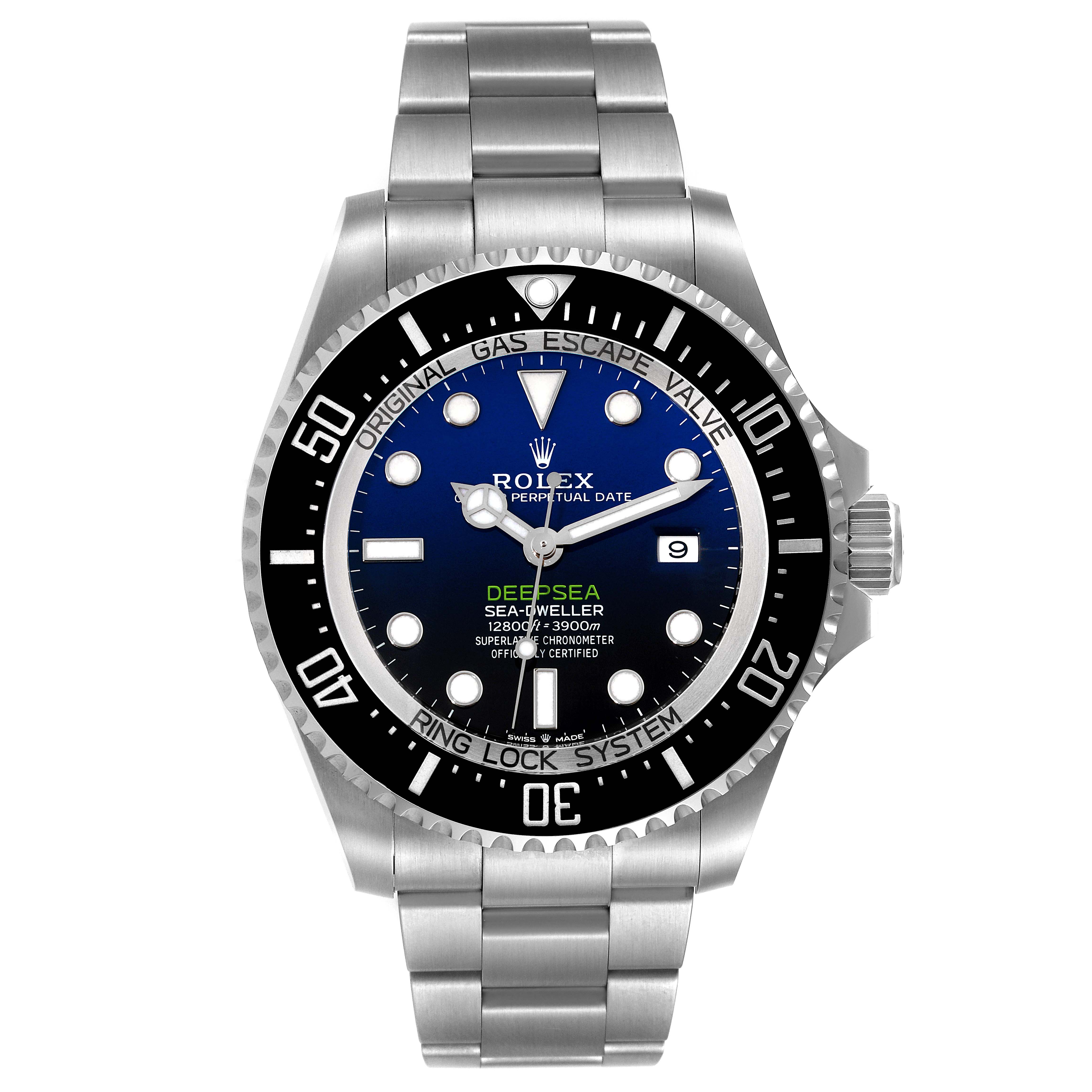 The image shows a front view of the Rolex Sea-Dweller 126660 Men
s Stainless Steel Blue Dial 126660 Men
s Stainless Steel Blue Dial watch, highlighting the dial, bezel, and bracelet.
