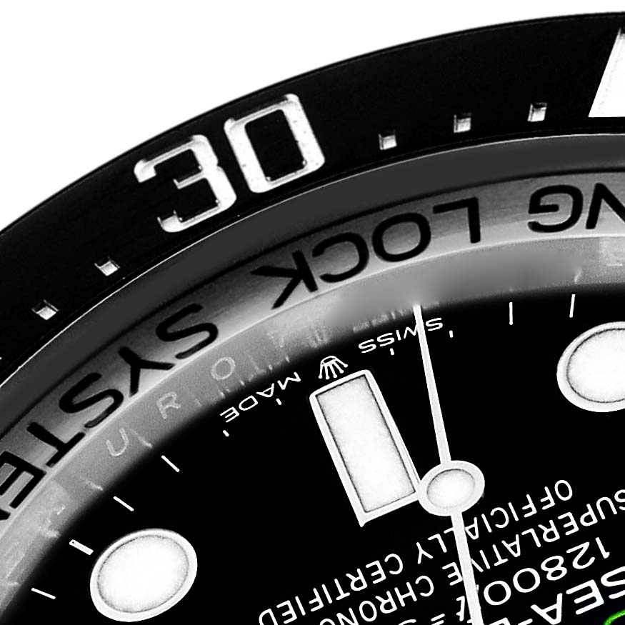 This close-up shows the dial and bezel markings of the Rolex Sea-Dweller 126660 Men
s Stainless Steel Blue Dial 126660 Men
s Stainless Steel Blue Dial watch, highlighting the minute hand and indices.