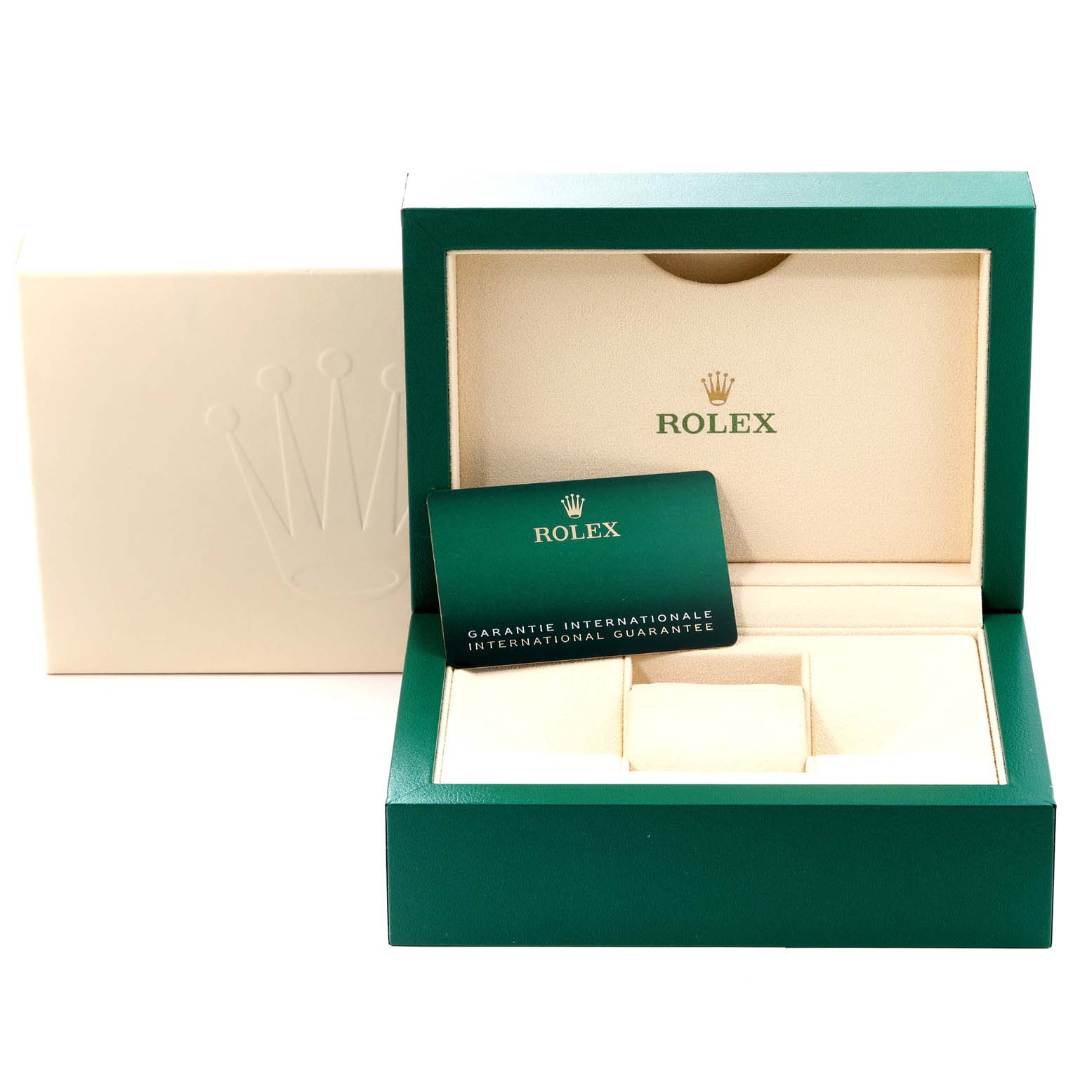 The image shows the open packaging for a Rolex Sea-Dweller 126660 Men
s Stainless Steel Blue Dial 126660 Men
s Stainless Steel Blue Dial watch, including a green box, the inner beige box, and a certification card.
