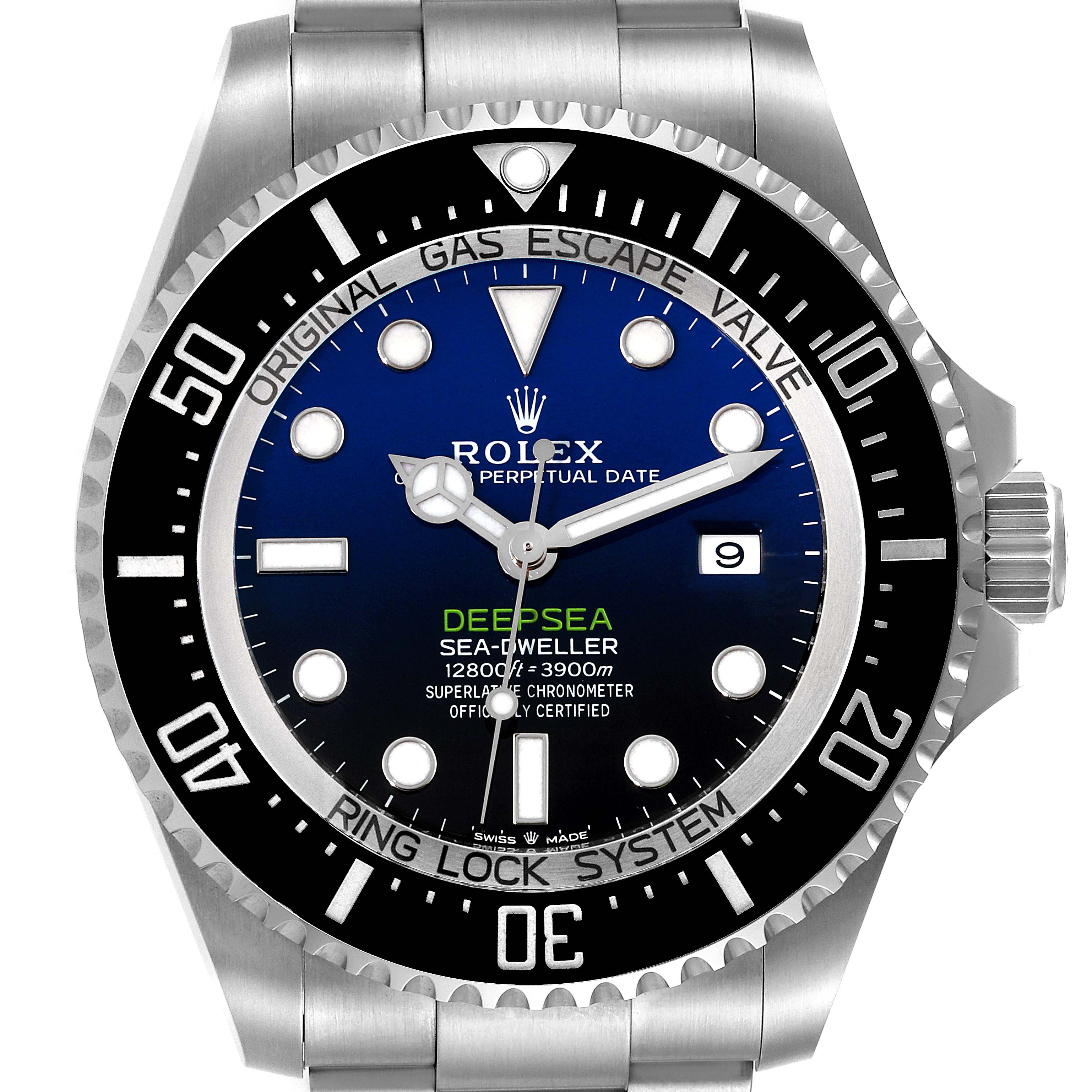 The image shows a front view of the Rolex Sea-Dweller 126660 Men
s Stainless Steel Blue Dial 126660 Men
s Stainless Steel Blue Dial Deepsea watch, highlighting the dial, bezel, hands, and crown.
