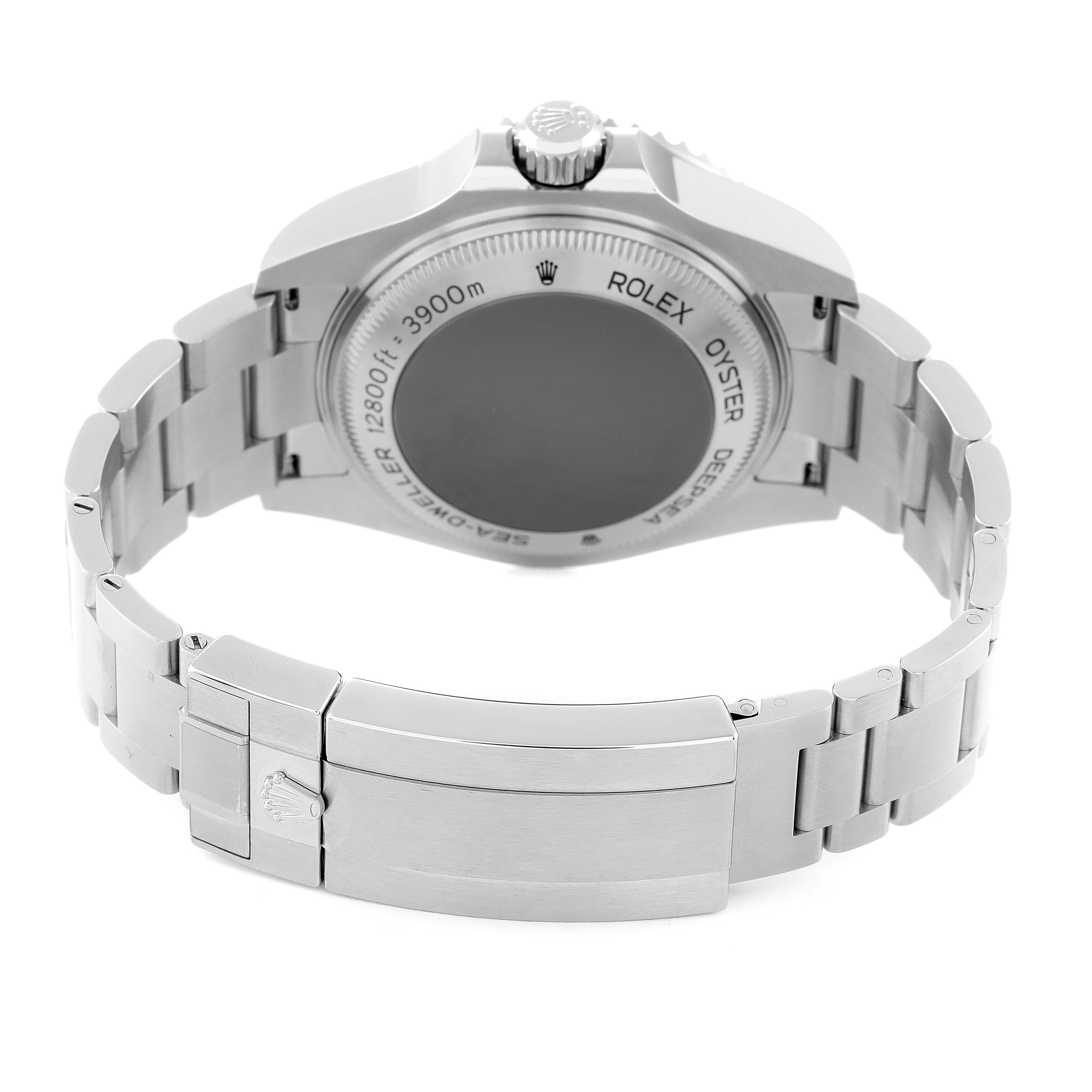 The image shows the back view and bracelet of a Rolex Sea-Dweller 126660 Men
s Stainless Steel Blue Dial 126660 Men
s Stainless Steel Blue Dial watch, highlighting the case back and clasp.