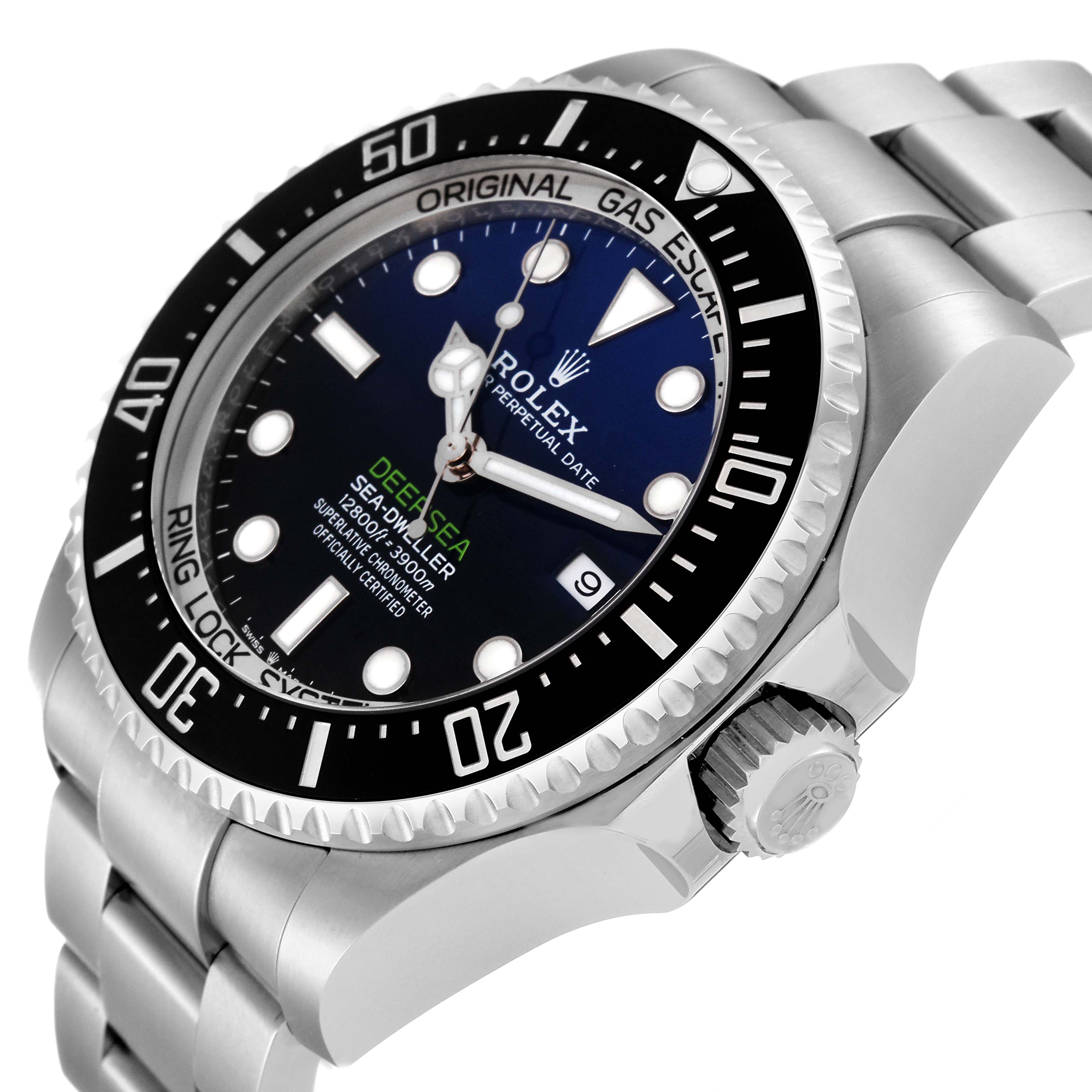 This image shows a side-angle view of the Rolex Sea-Dweller 126660 Men
s Stainless Steel Blue Dial 126660 Men
s Stainless Steel Blue Dial watch, focusing on the face, bezel, crown, and part of the bracelet.