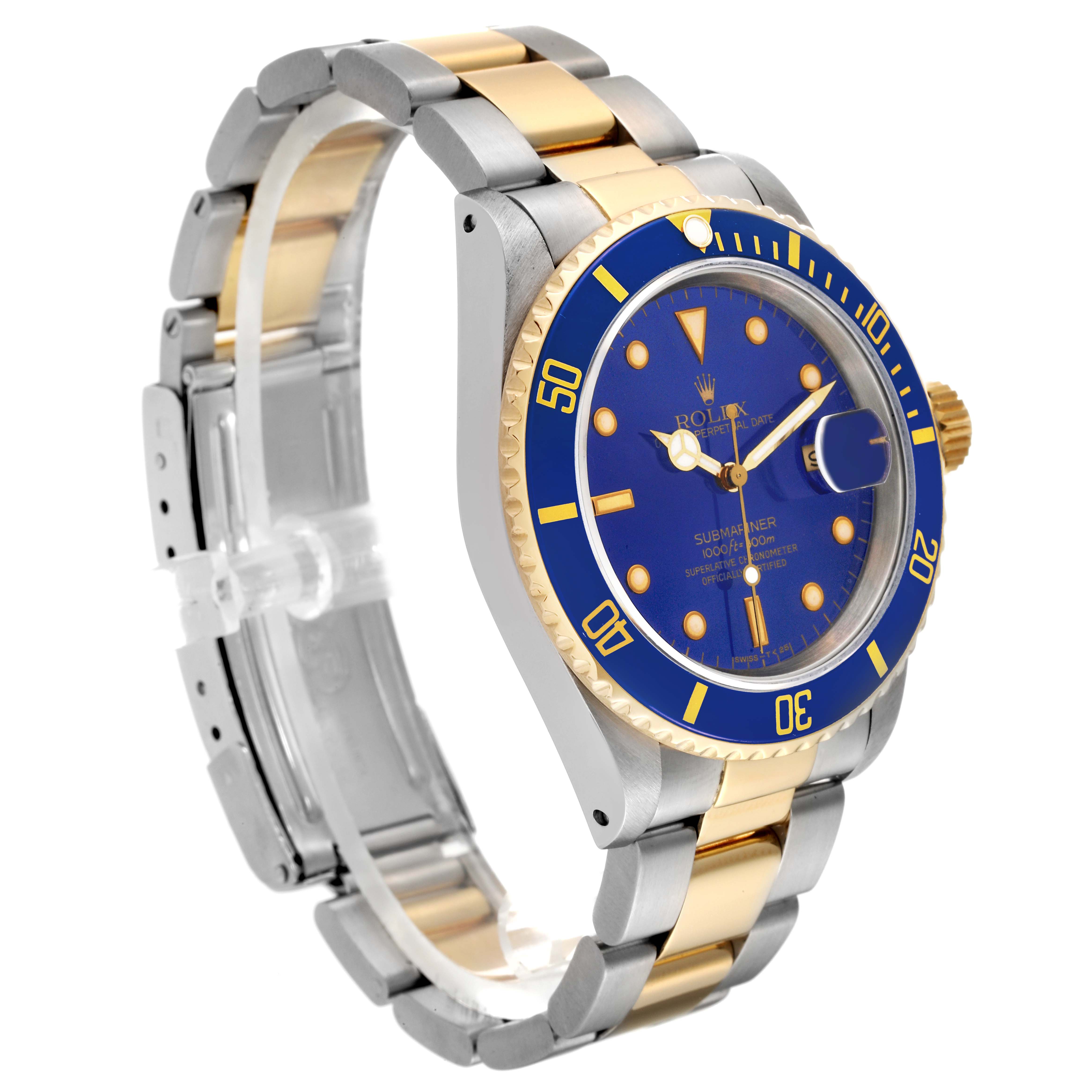 The image shows a Rolex Submariner 16613 Men's Steel and Gold (two tone) Blue Dial 16613 Men's Steel and Gold (two tone) Blue Dial watch at a slight angle, highlighting its blue dial, bezel, and two-tone bracelet.