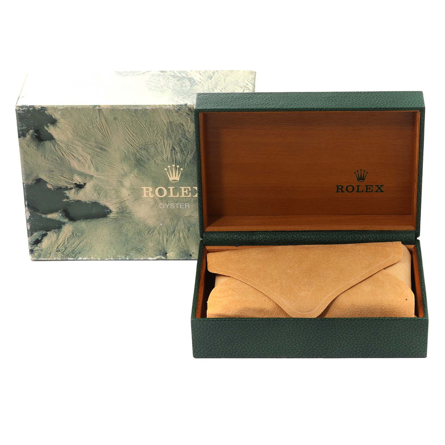 The image shows a green, textured box with a beige pouch inside, labeled 'Rolex' for the Submariner model.